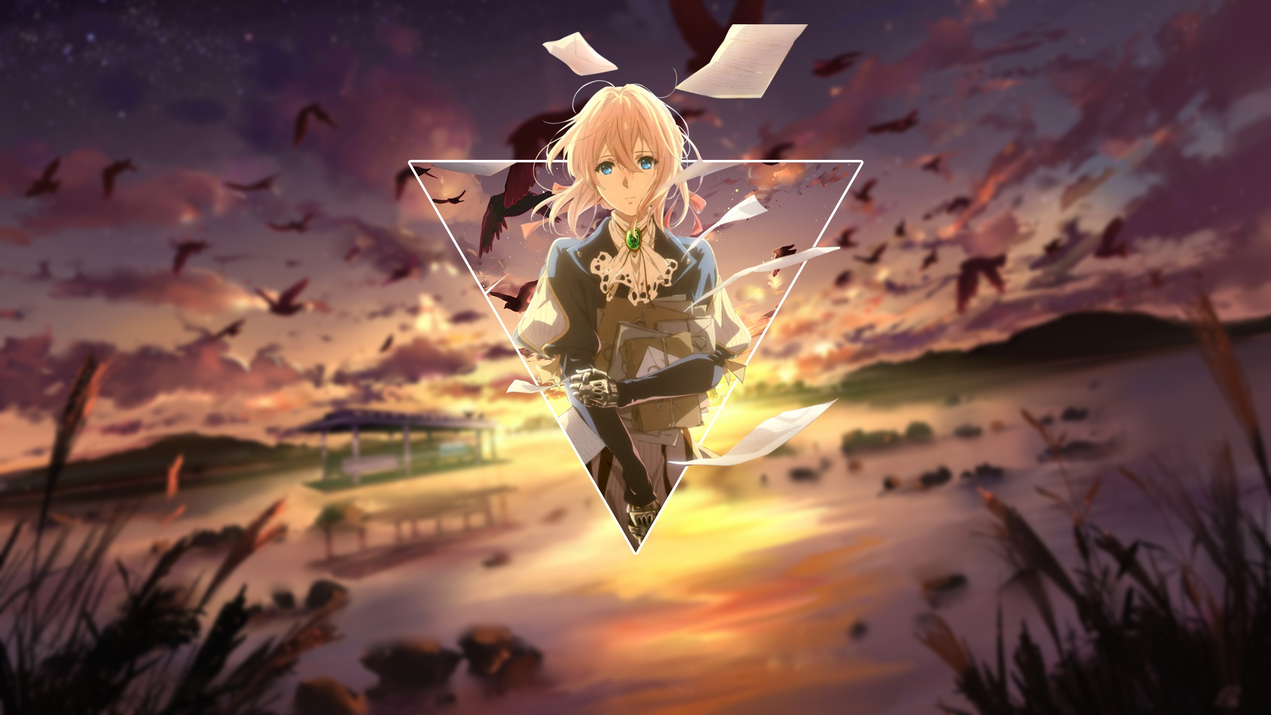 Violet Evergarden with birds and papers HD Wallpaper