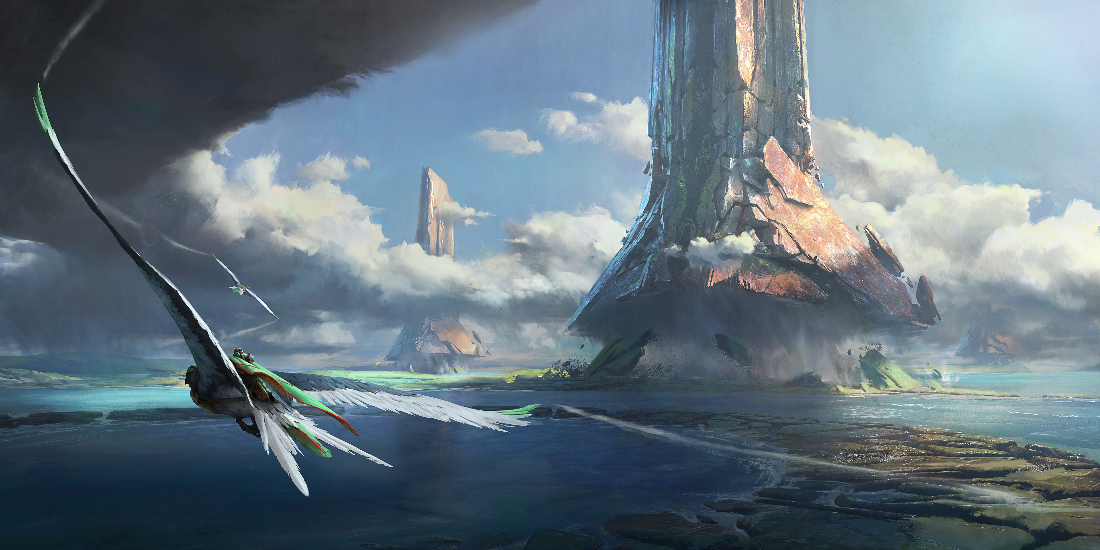 Fantasy art of birds flying near pillars and floating islands HD Wallpaper