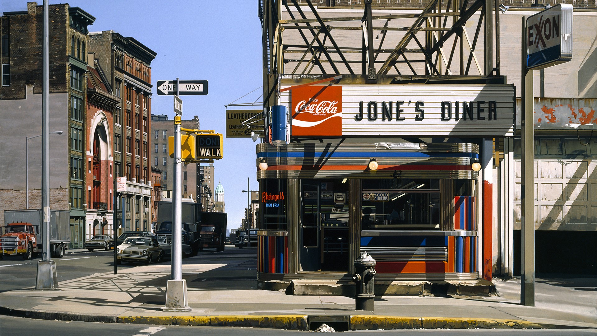 Jones Diner and Exxon Sign on a City Street HD Wallpaper
