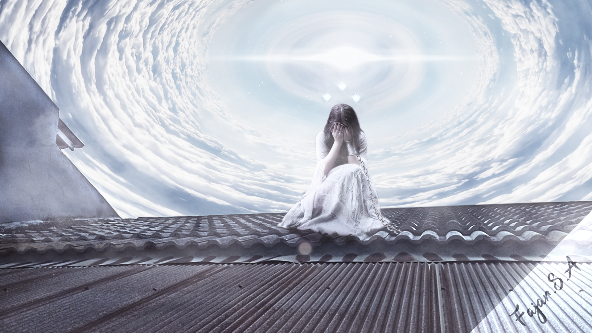 Woman crying on a rooftop with swirling clouds HD Wallpaper