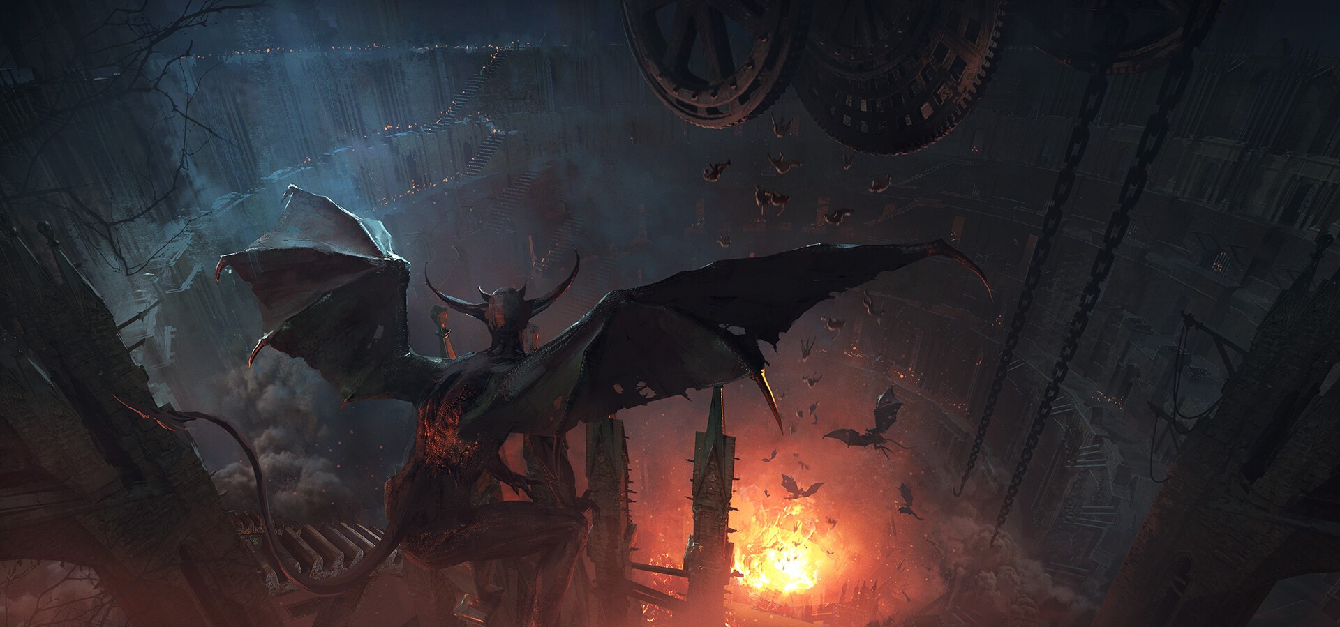 A demon with bat wings in a fiery cavern HD Wallpaper