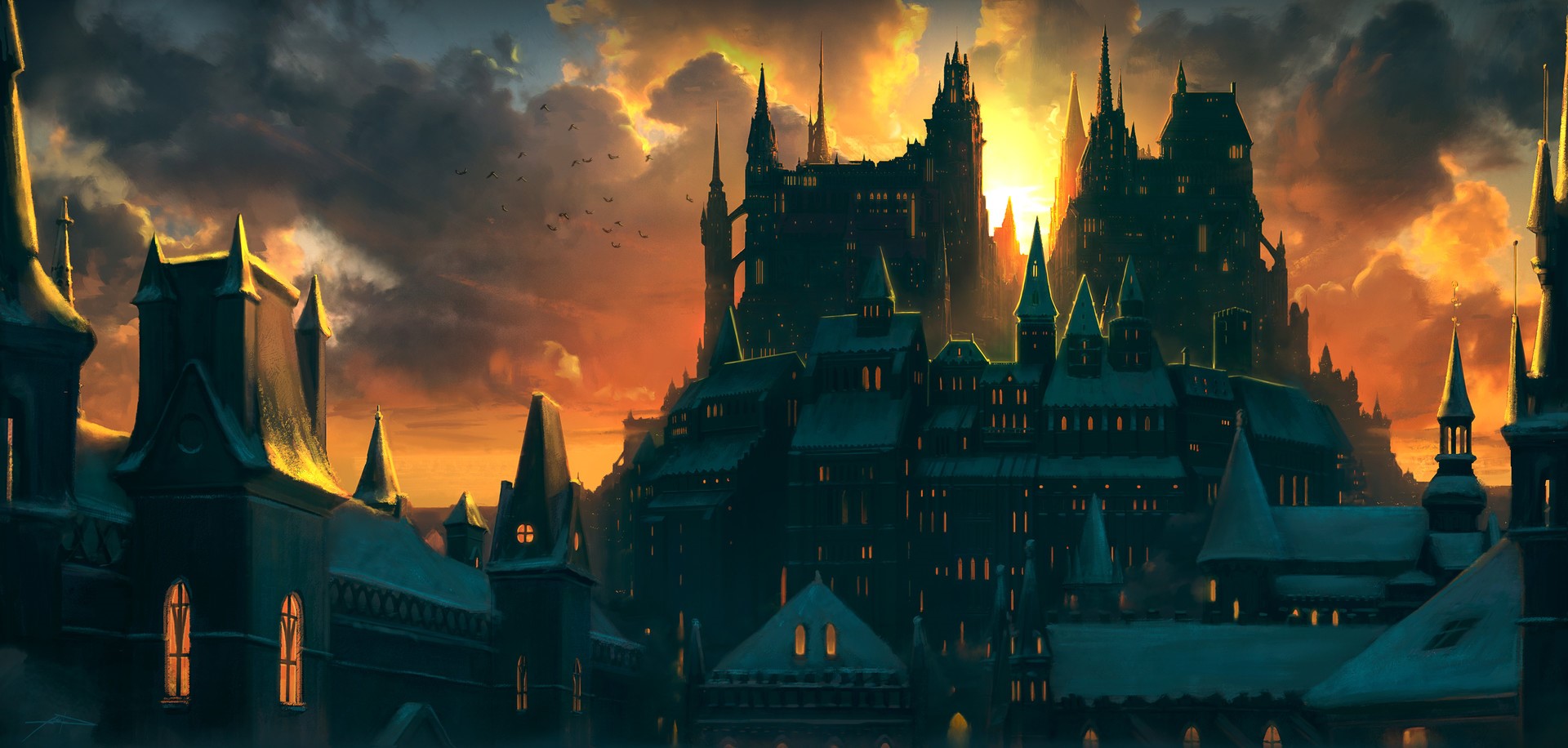 Fantasy castle city at sunset HD Wallpaper