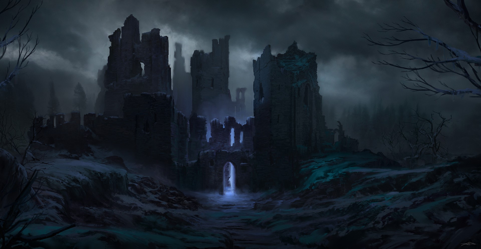 Ruined castle in a dark, snowy landscape HD Wallpaper