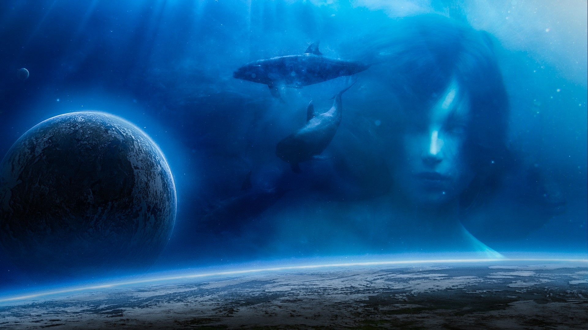 Whales and a woman's face in space with planets HD Wallpaper