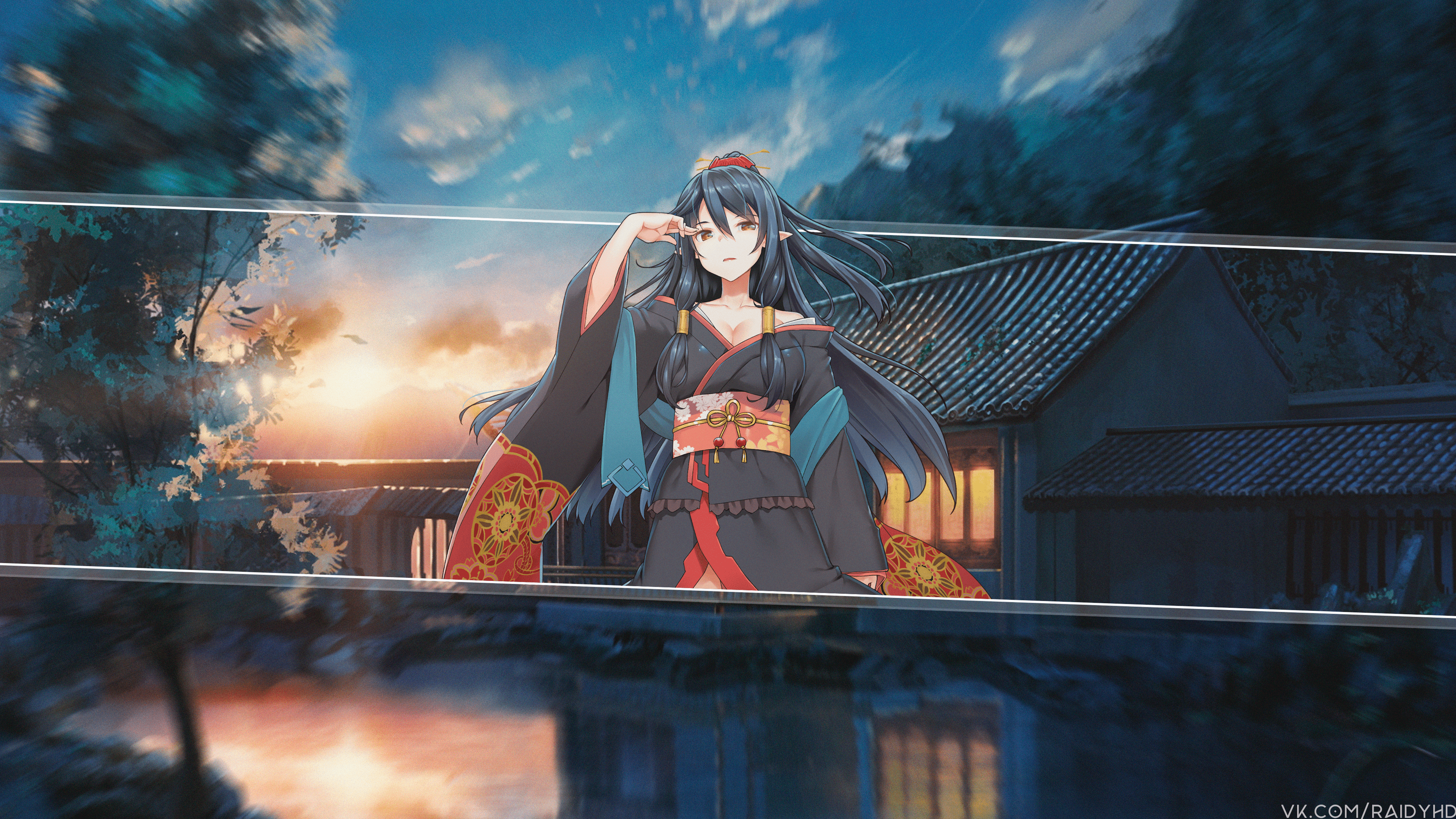 Anime girl in kimono with background HD Wallpaper
