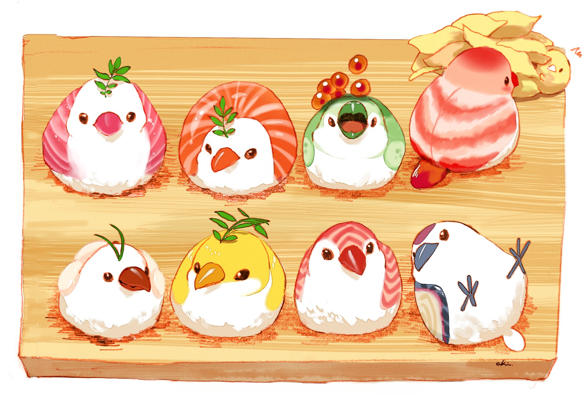 Cute bird-shaped sushi on a wooden board HD Wallpaper