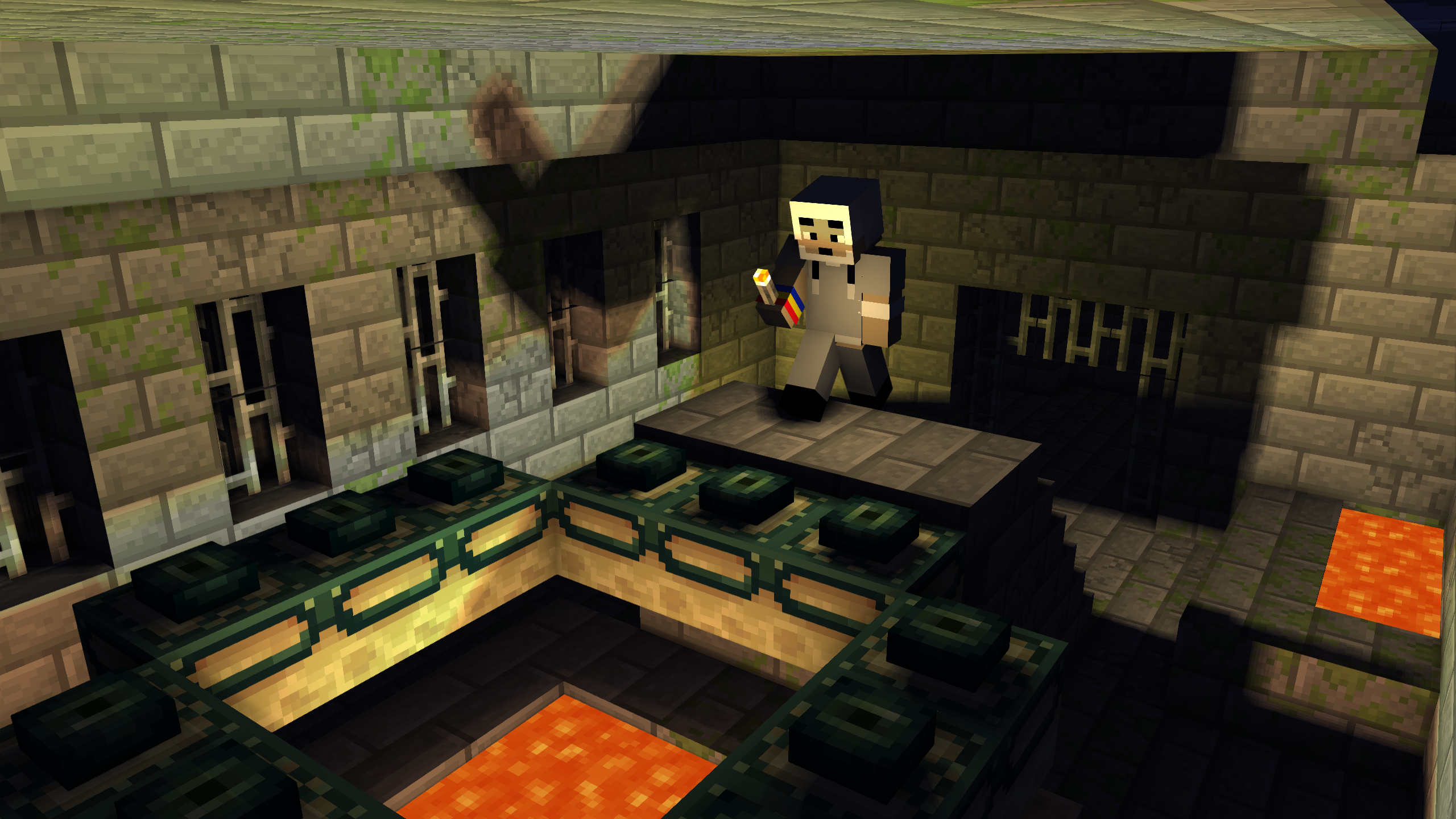 Minecraft character in a dungeon with lava and End Portal frames HD Wallpaper