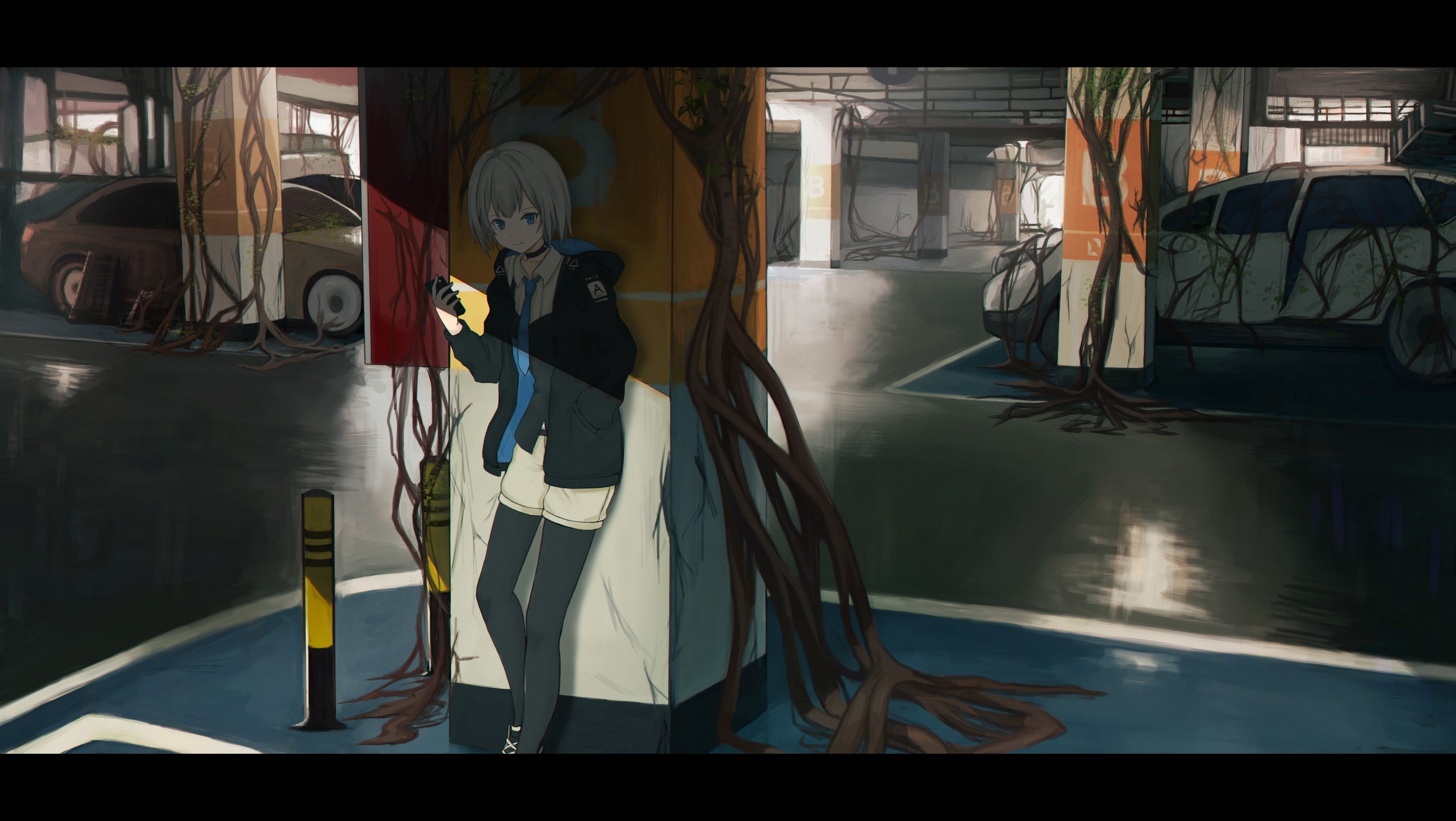 Anime girl with smartphone in abandoned parking lot HD Wallpaper
