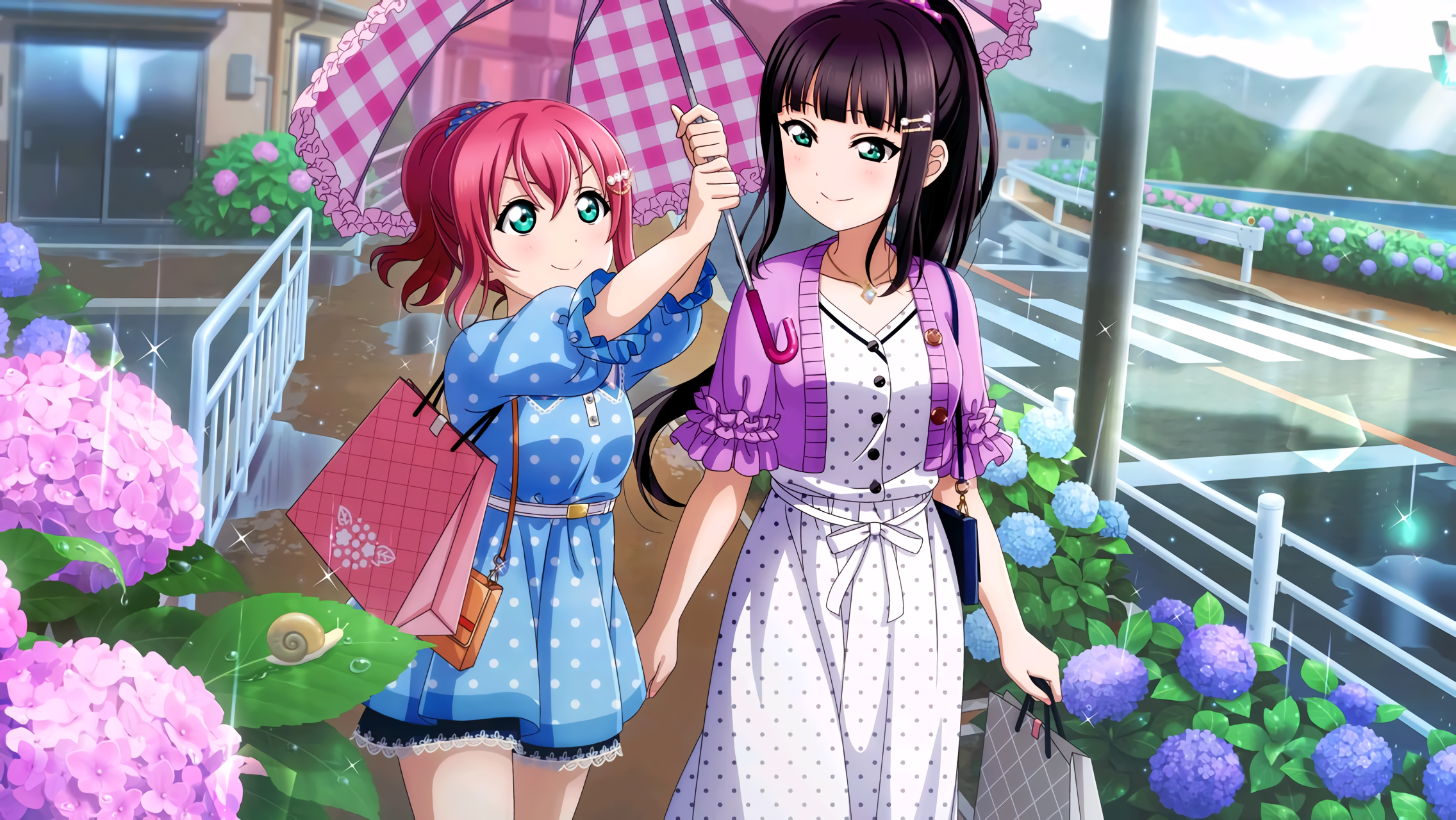 Kurosawa Ruby and Kurosawa Dia from Love Live! Sunshine under an umbrella HD Wallpaper