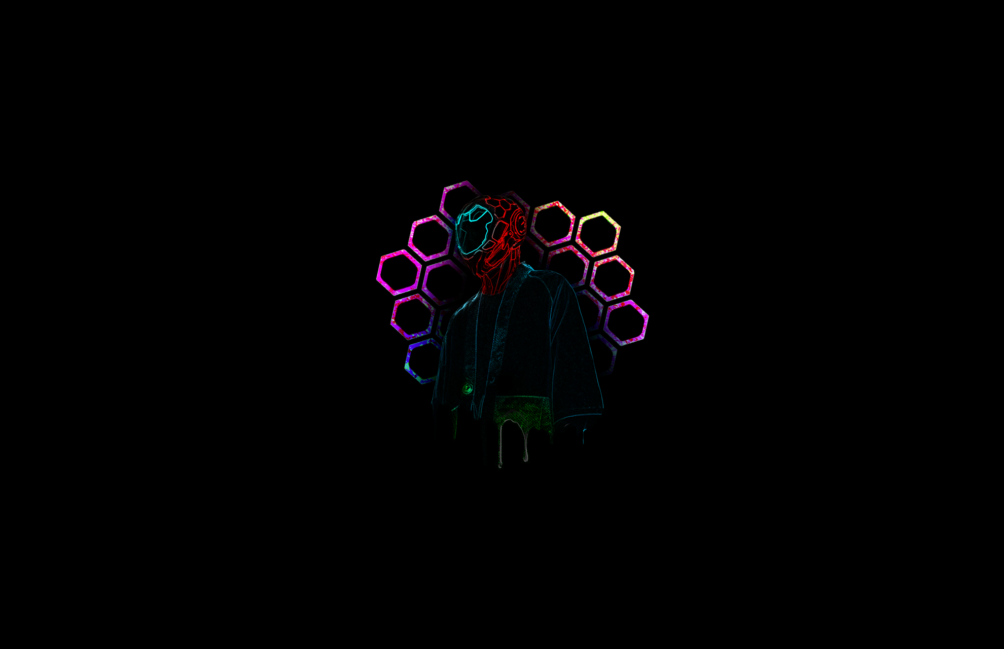 Cyberpunk figure with hexagonal halo HD Wallpaper