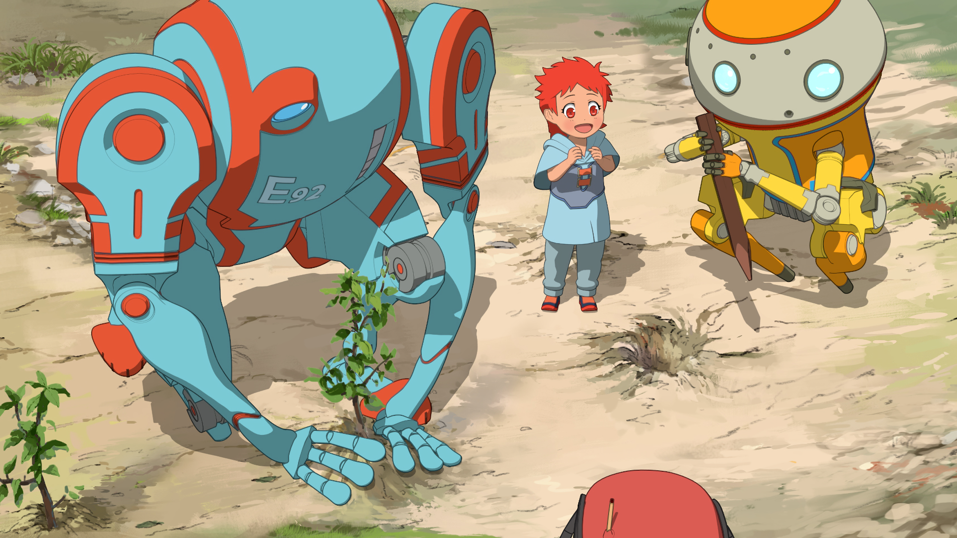 Sara and robots E92 and A37 planting a tree HD Wallpaper