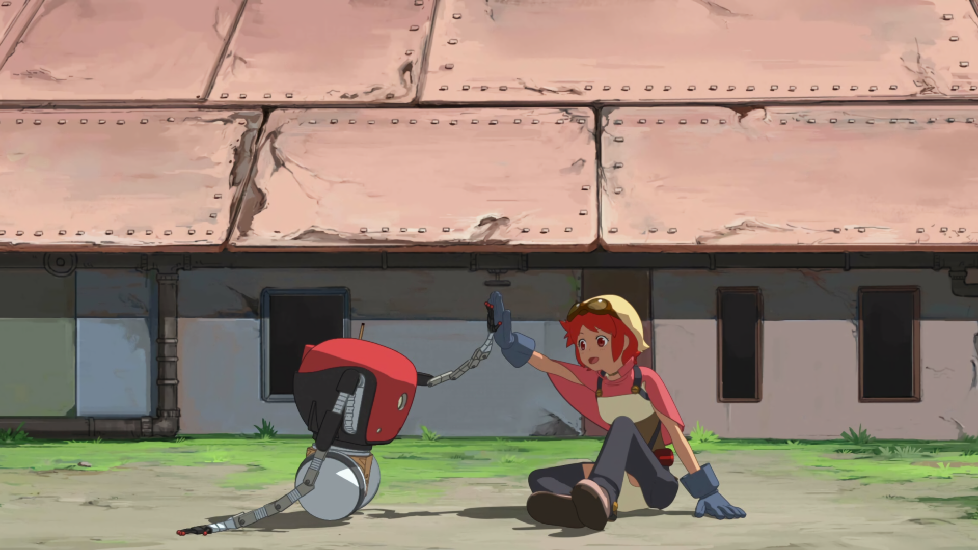 Sara and robot high-fiving in front of a building HD Wallpaper