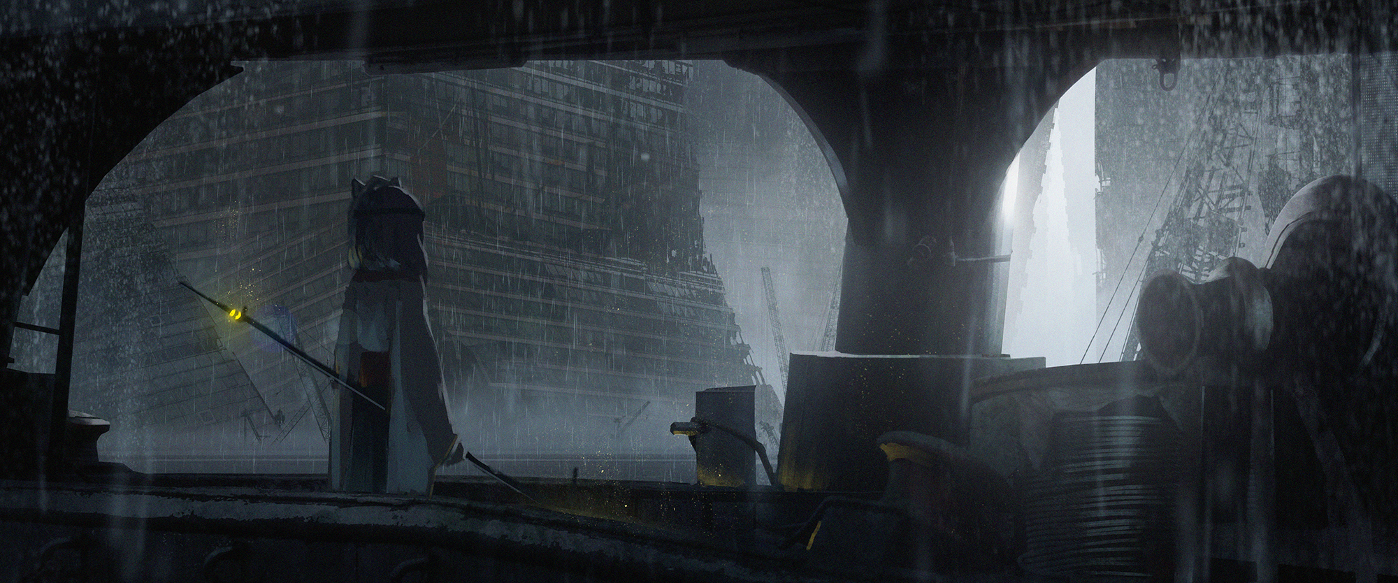 Anime girl with staff in rainy industrial city HD Wallpaper