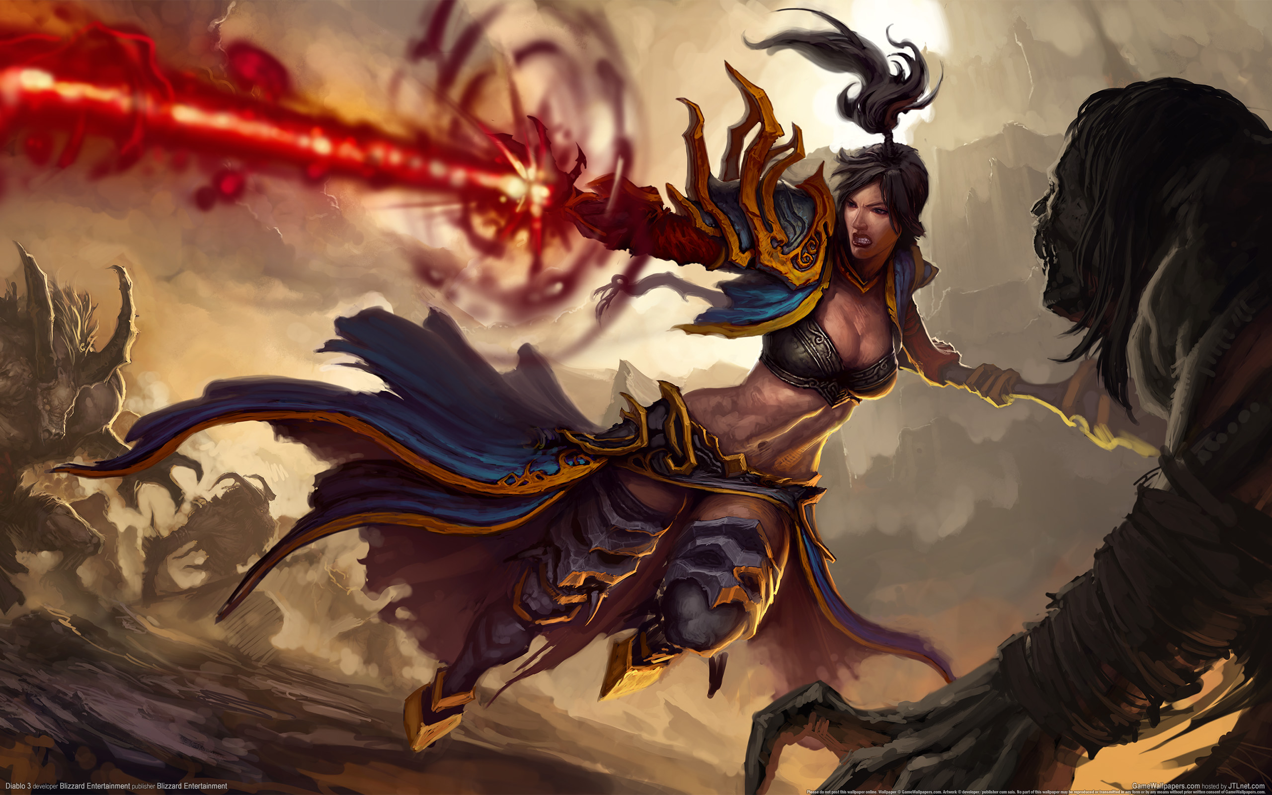 Diablo 3: Reaper of Souls Sorceress fighting a monster HD Wallpaper