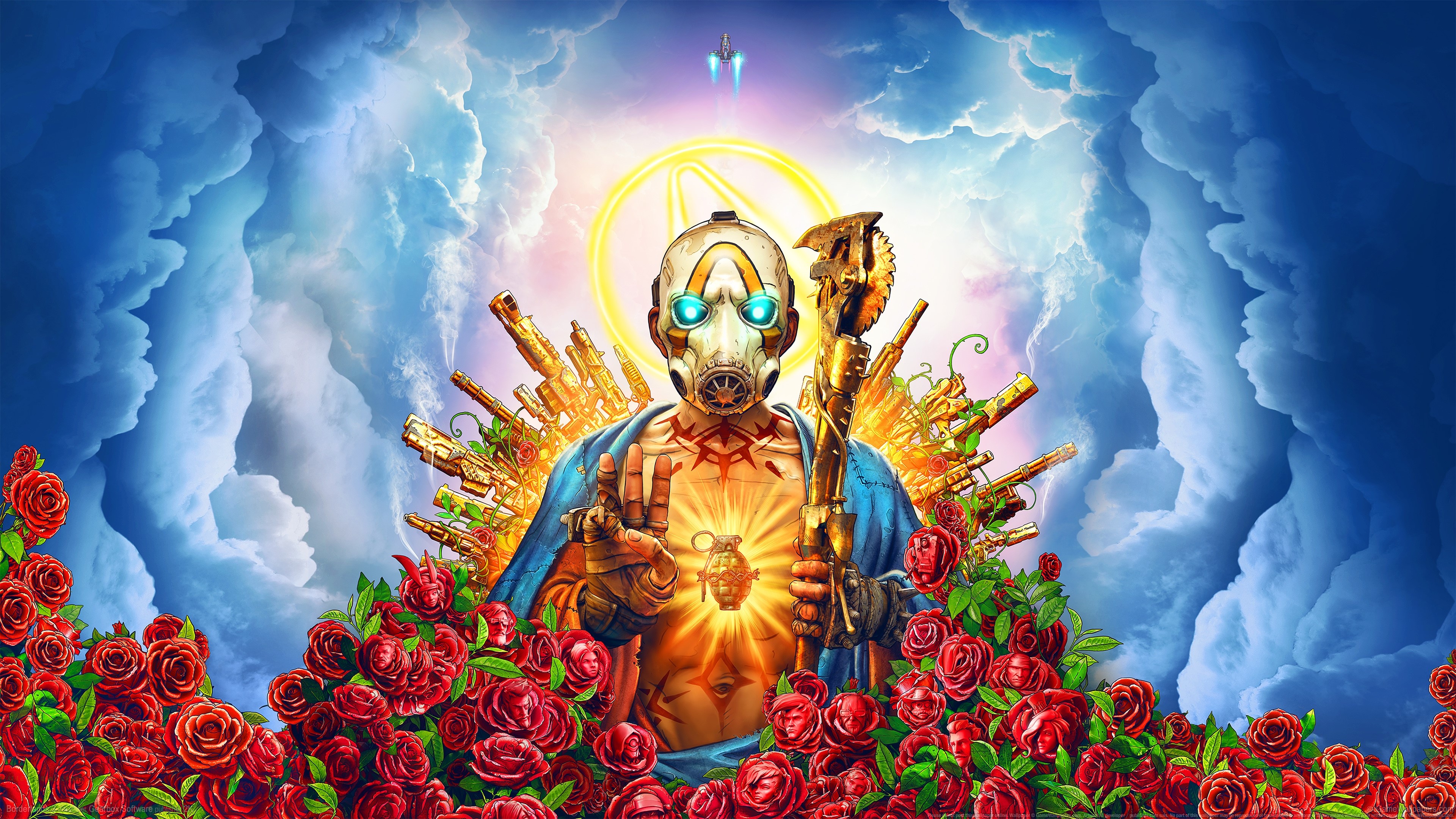 4K Borderlands 3 art with a masked figure and guns HD Wallpaper