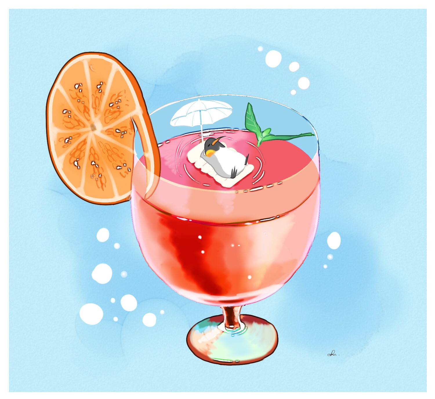 Penguin relaxing in a cocktail with orange slice HD Wallpaper