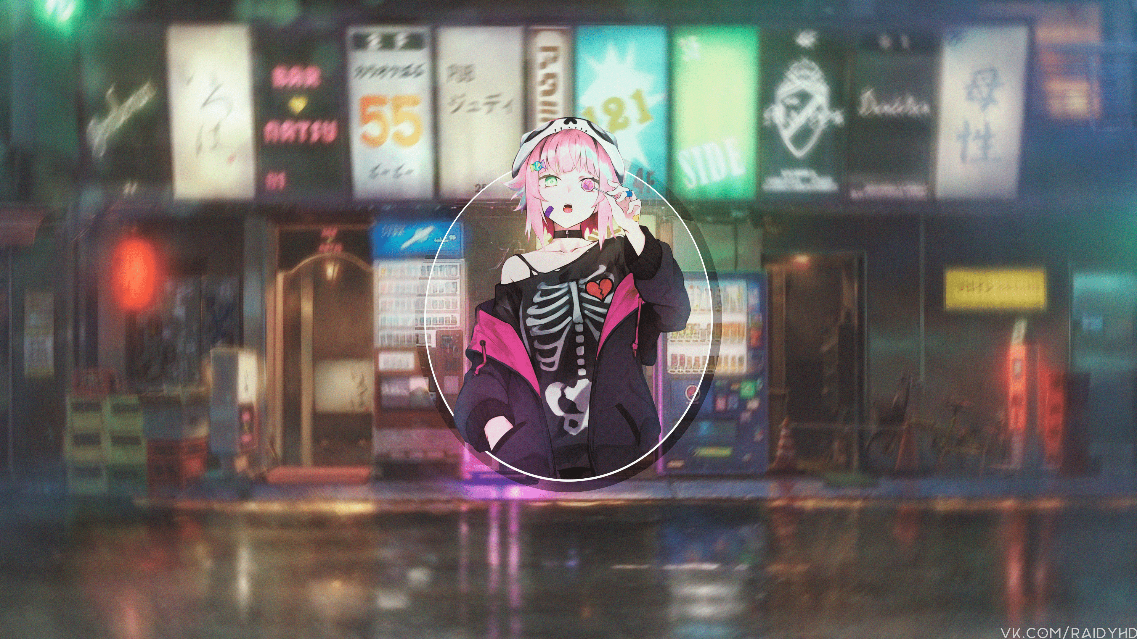 Anime girl in skeleton outfit in front of Japanese street HD Wallpaper