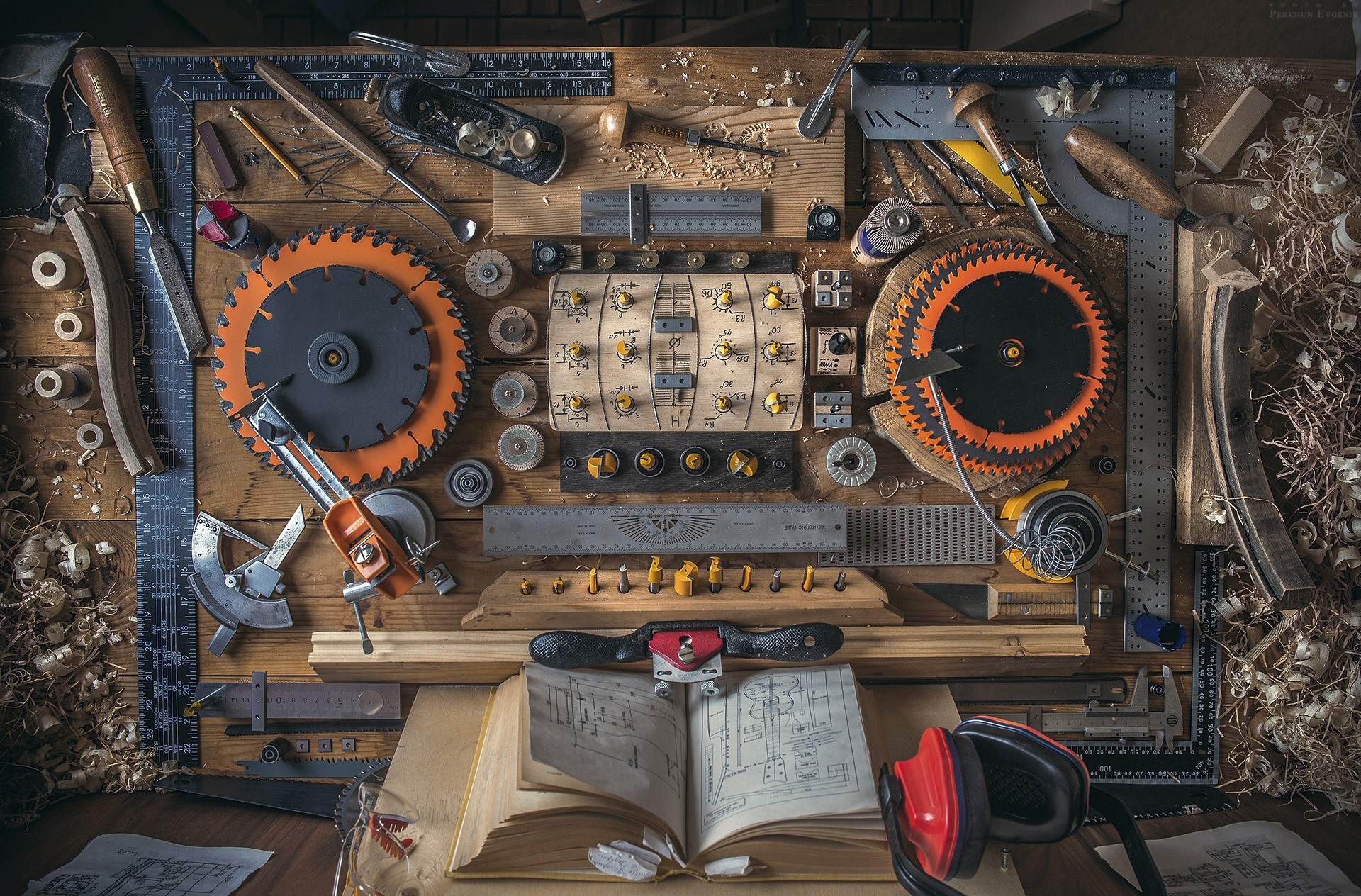 Woodworking tools and a book on a workbench HD Wallpaper