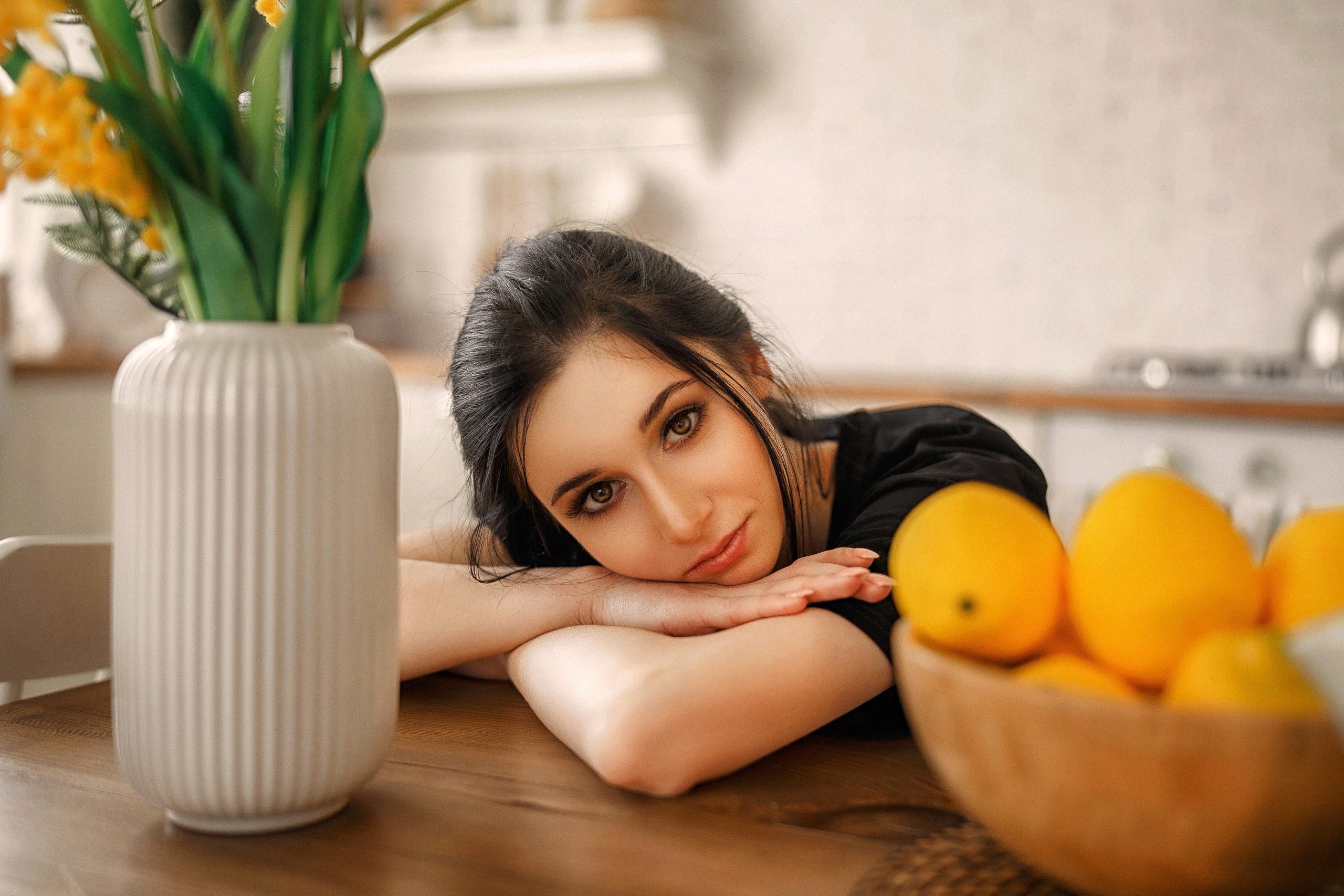 Portrait of Woman with Black Hair and Lemons HD Wallpaper