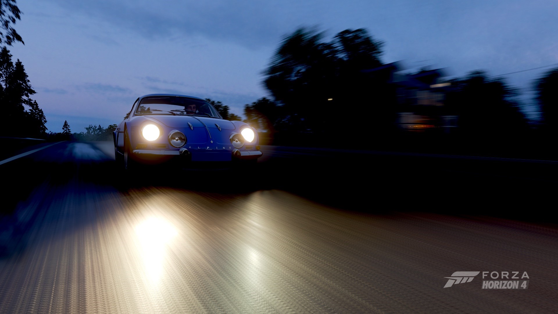 Blue sports car driving on a road at dusk in Forza Horizon 4 HD Wallpaper