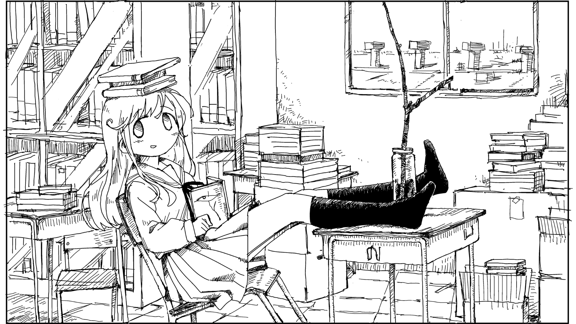 Anime girl with books in a library HD Wallpaper