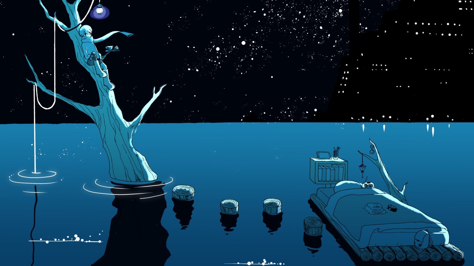 A person sits in a tree above a flooded landscape under a starry sky HD Wallpaper