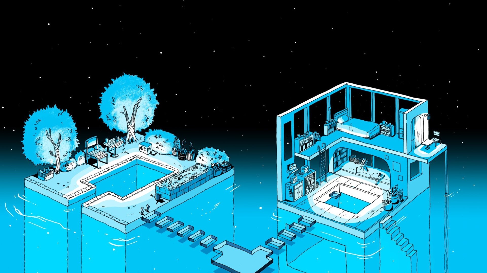 Cyan artwork of a house and swimming pool under stars HD Wallpaper