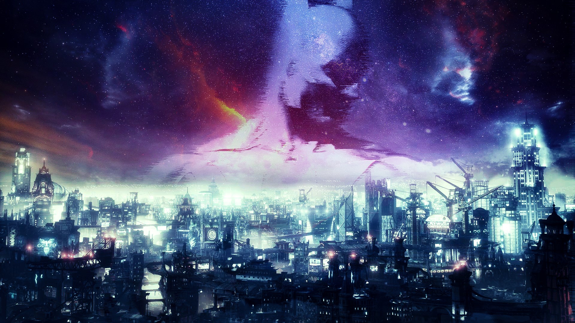 Synthwave Batman Cityscape Under Nebula Sky HD Wallpaper