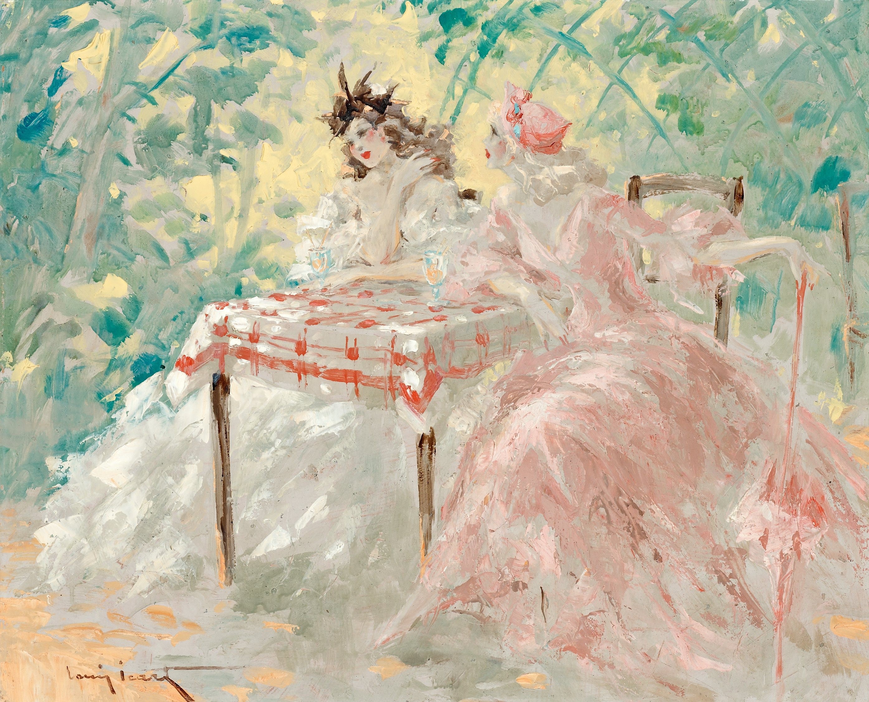 Two women at a table by Louis Icart HD Wallpaper