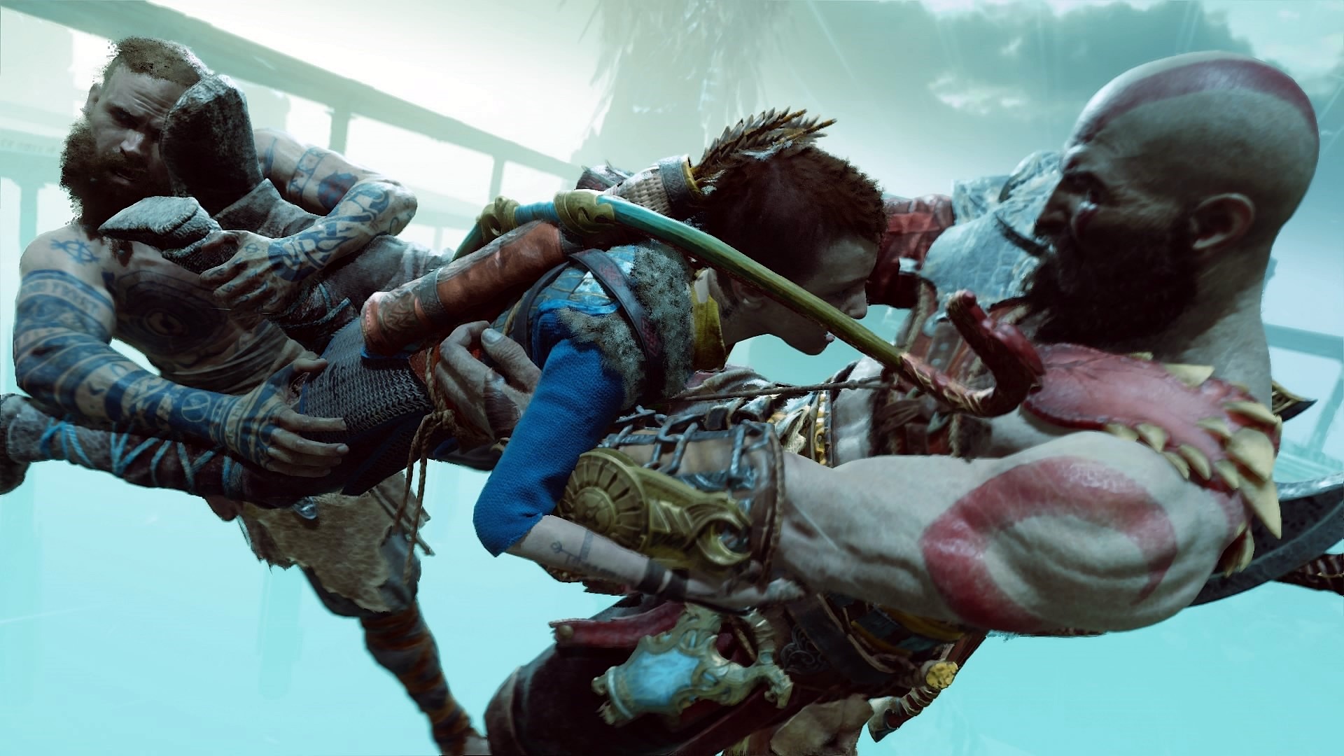 Kratos and Atreus from God of War fighting enemies HD Wallpaper
