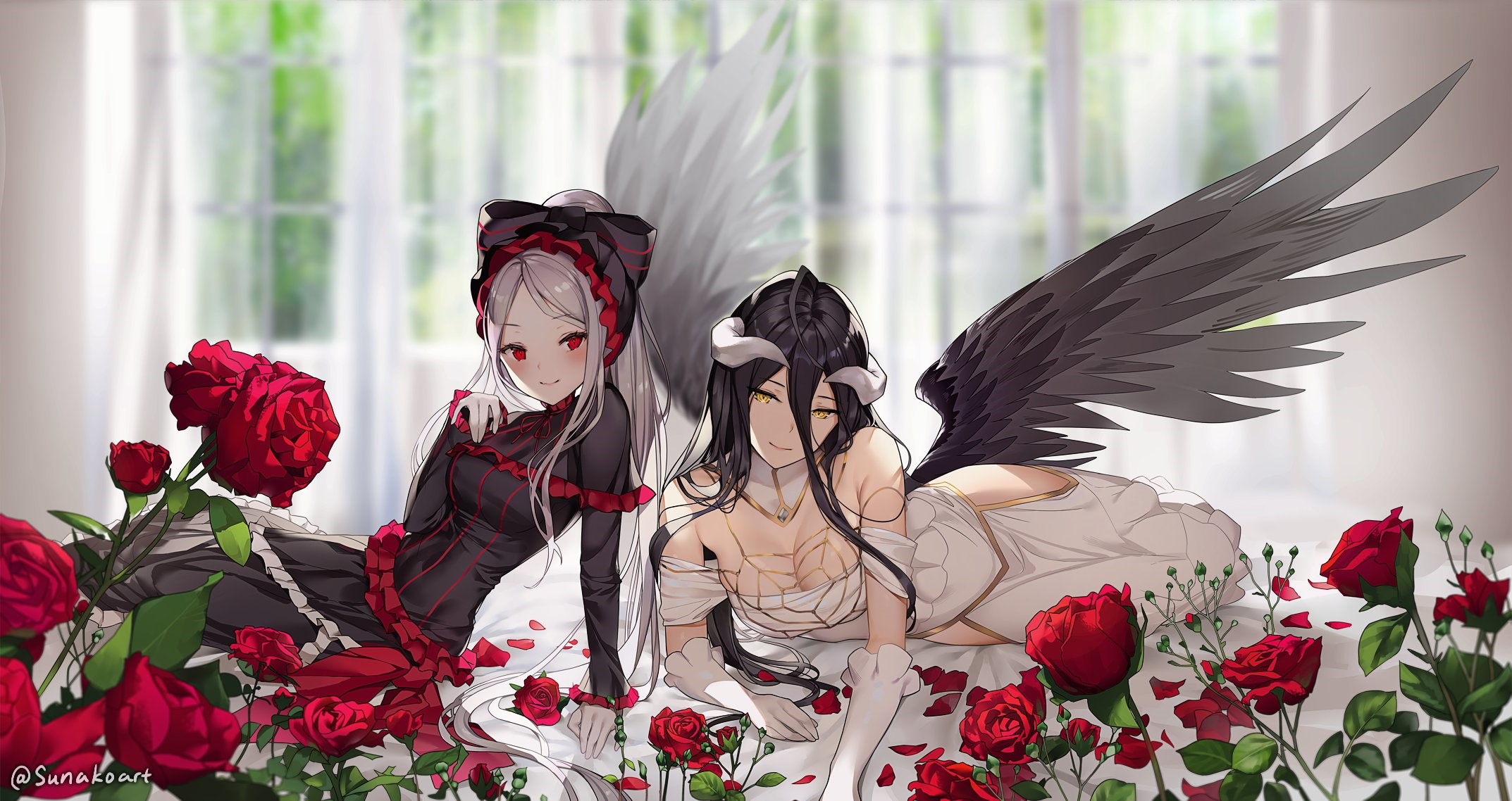 Albedo and Shalltear from Overlord with roses HD Wallpaper