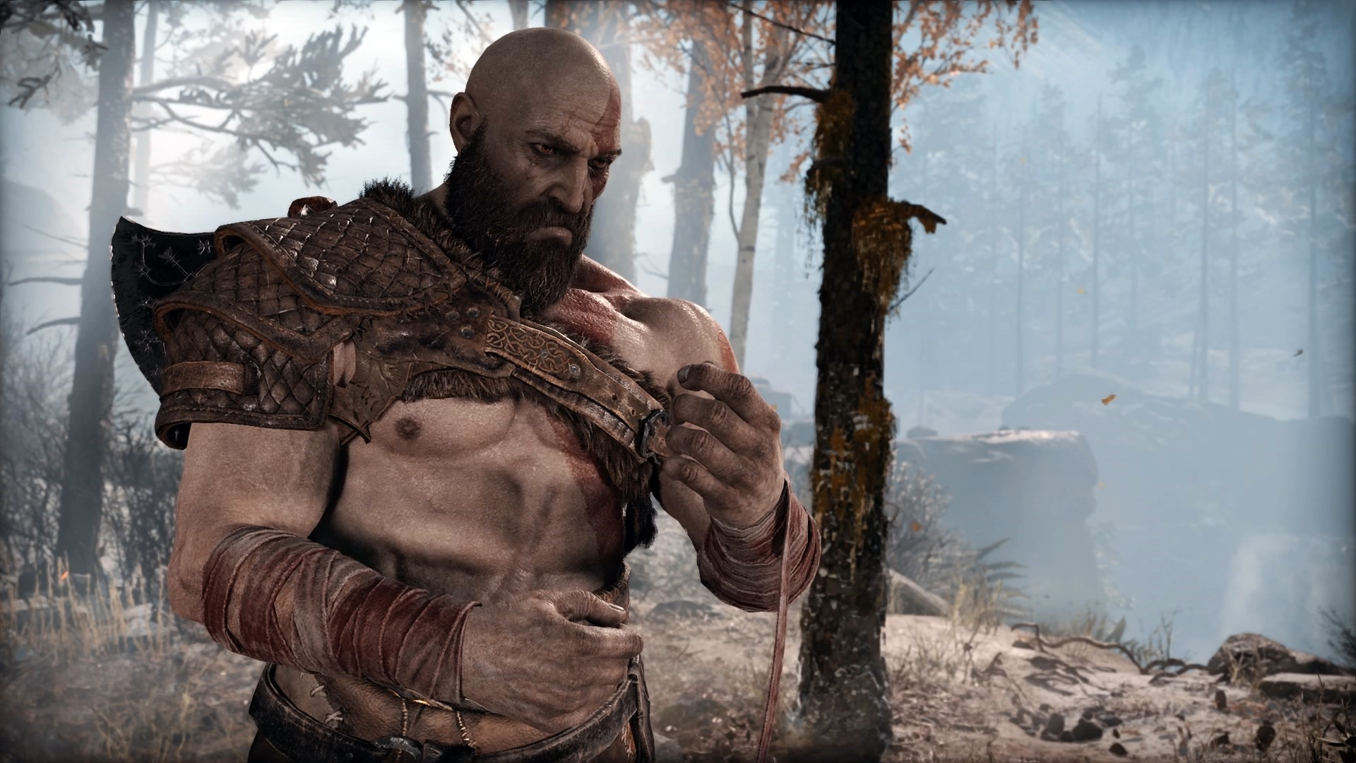 Kratos from God of War in a forest HD Wallpaper