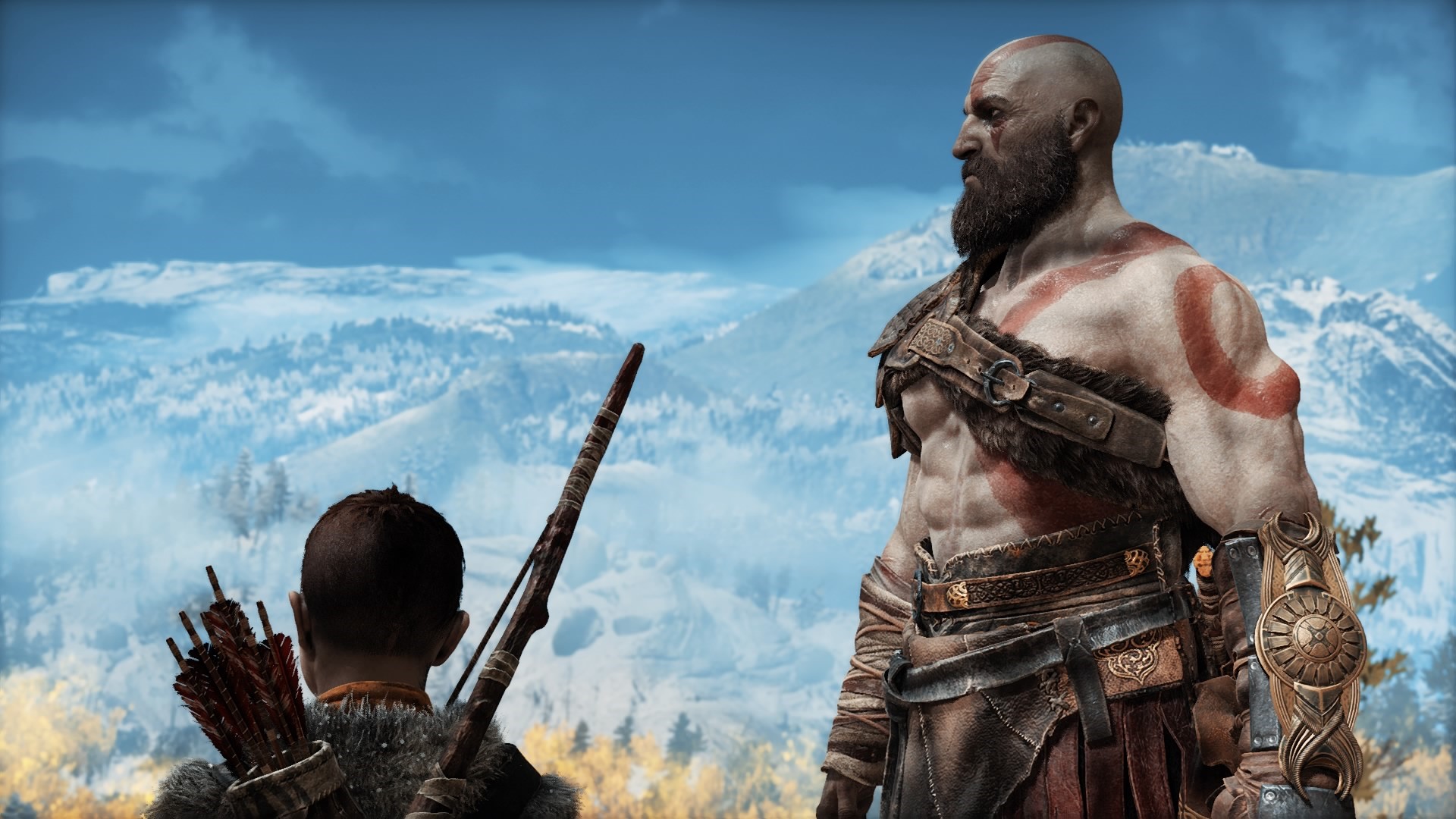 Kratos and Atreus from God of War in a snowy landscape HD Wallpaper