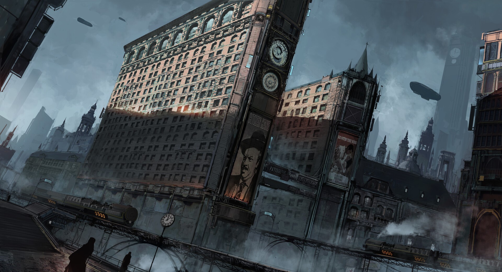 Steampunk cityscape with dirigibles and trains HD Wallpaper