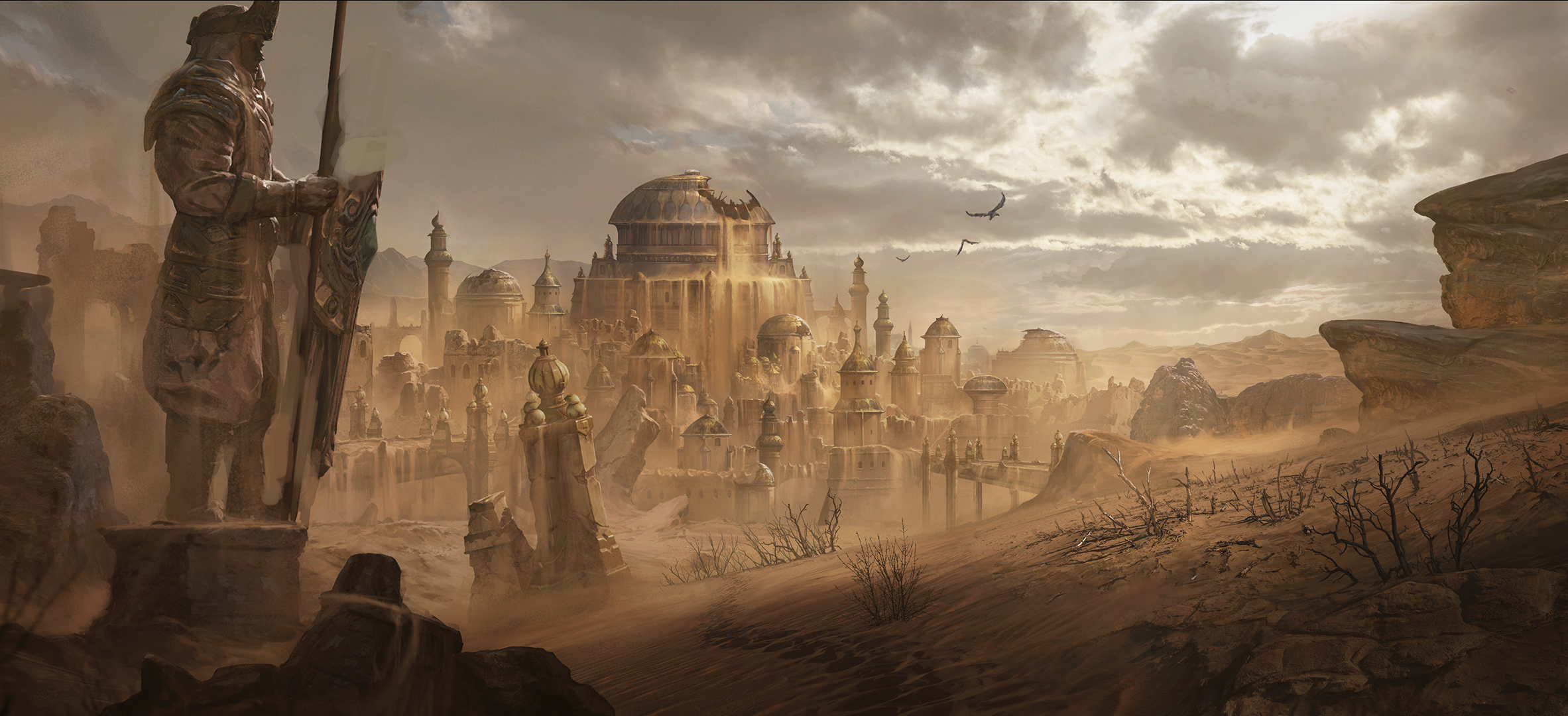 Diablo Immortal desert city with statue HD Wallpaper