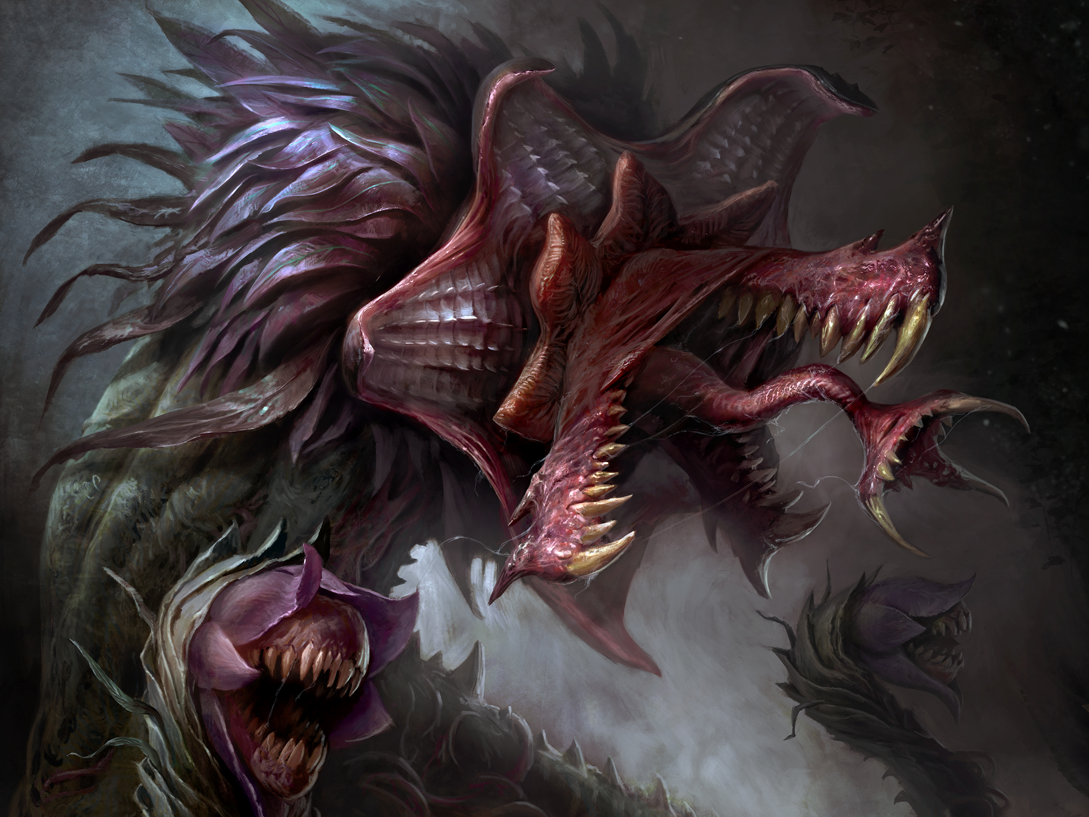 Diablo Immortal creature with sharp teeth and purple feathers HD Wallpaper