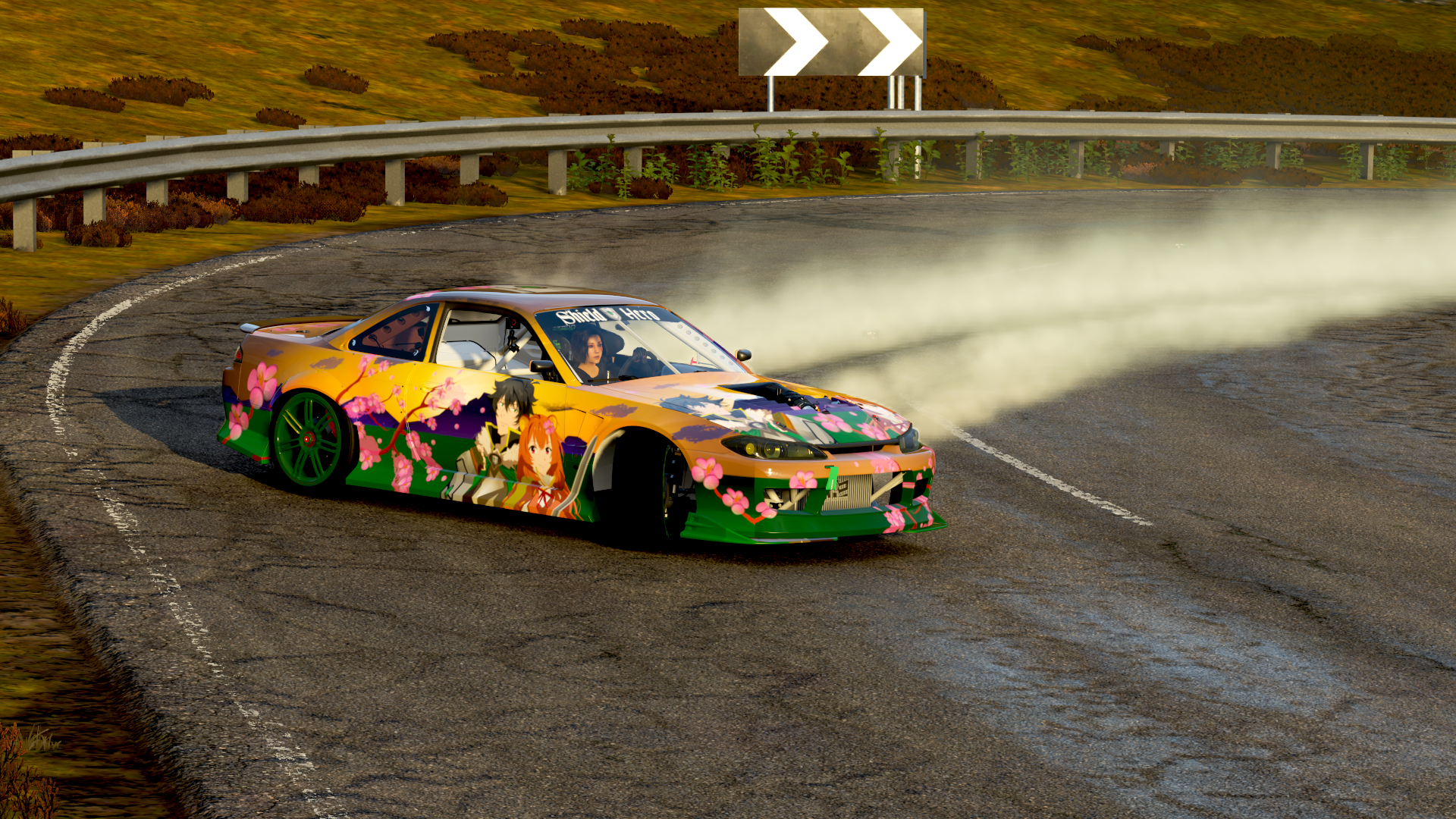 Nissan 240SX drifting with Shield Hero livery in Forza Horizon 4 HD Wallpaper