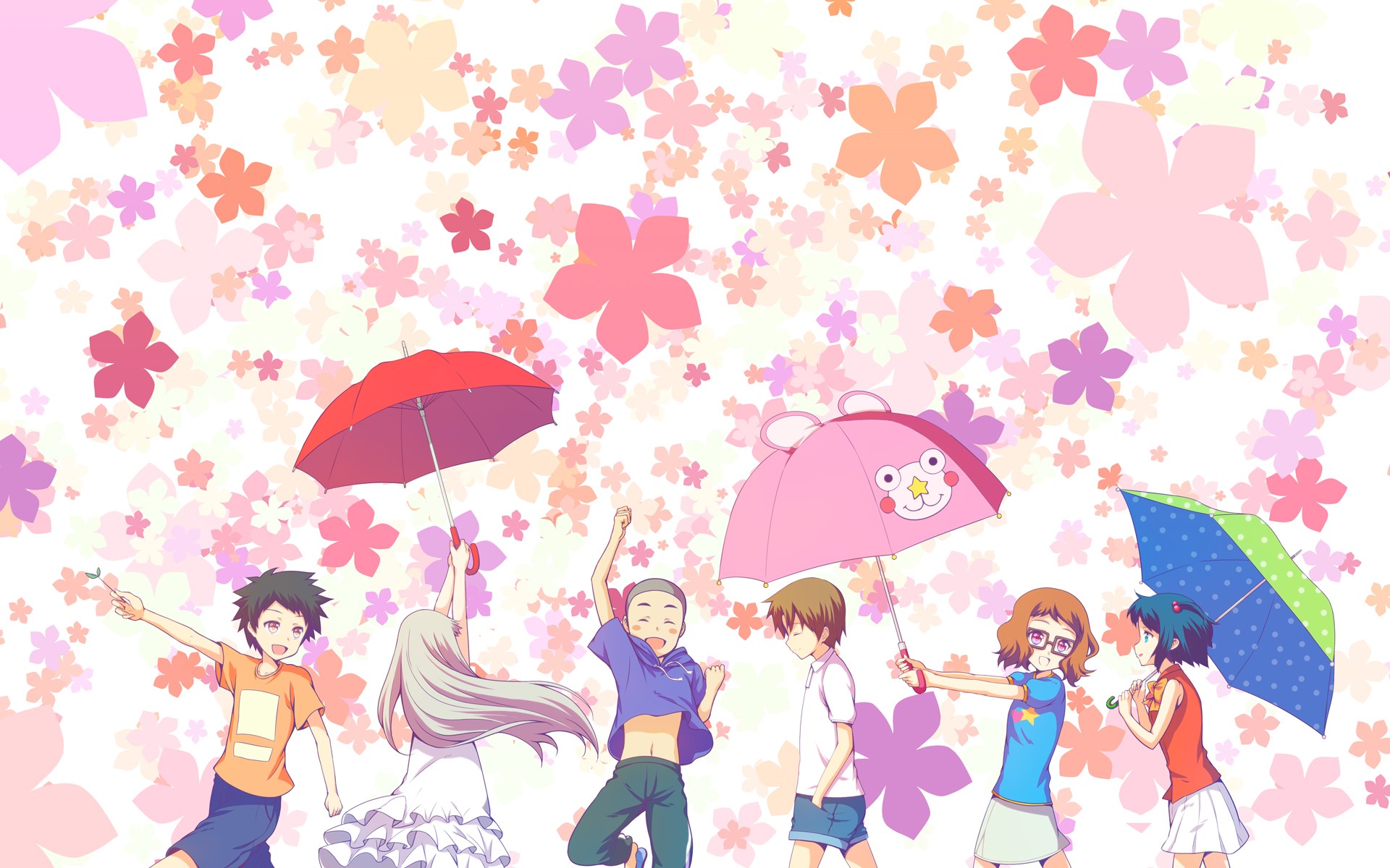 Anime characters with umbrellas under falling flowers HD Wallpaper