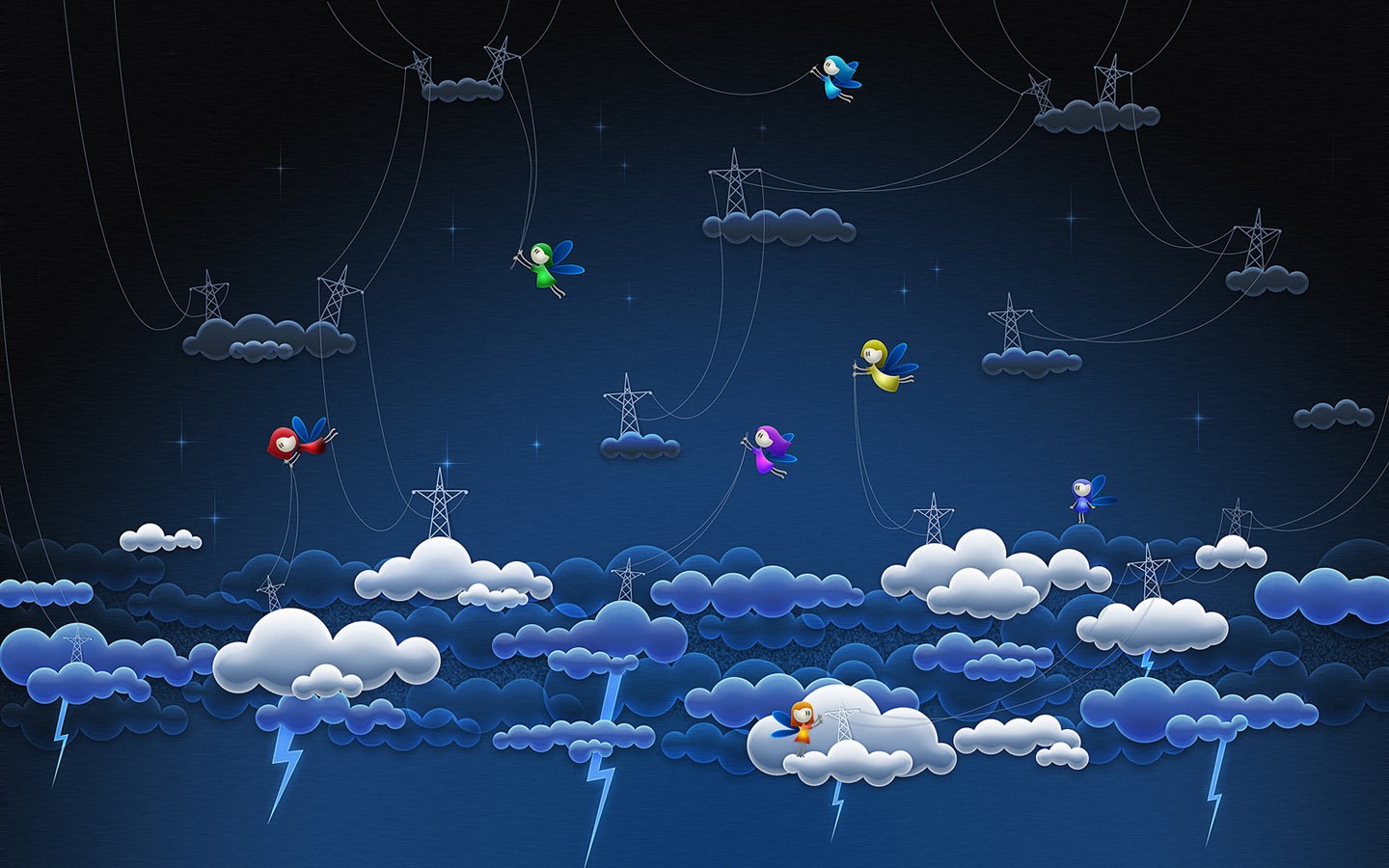 Cartoon fairies flying near power lines and clouds HD Wallpaper