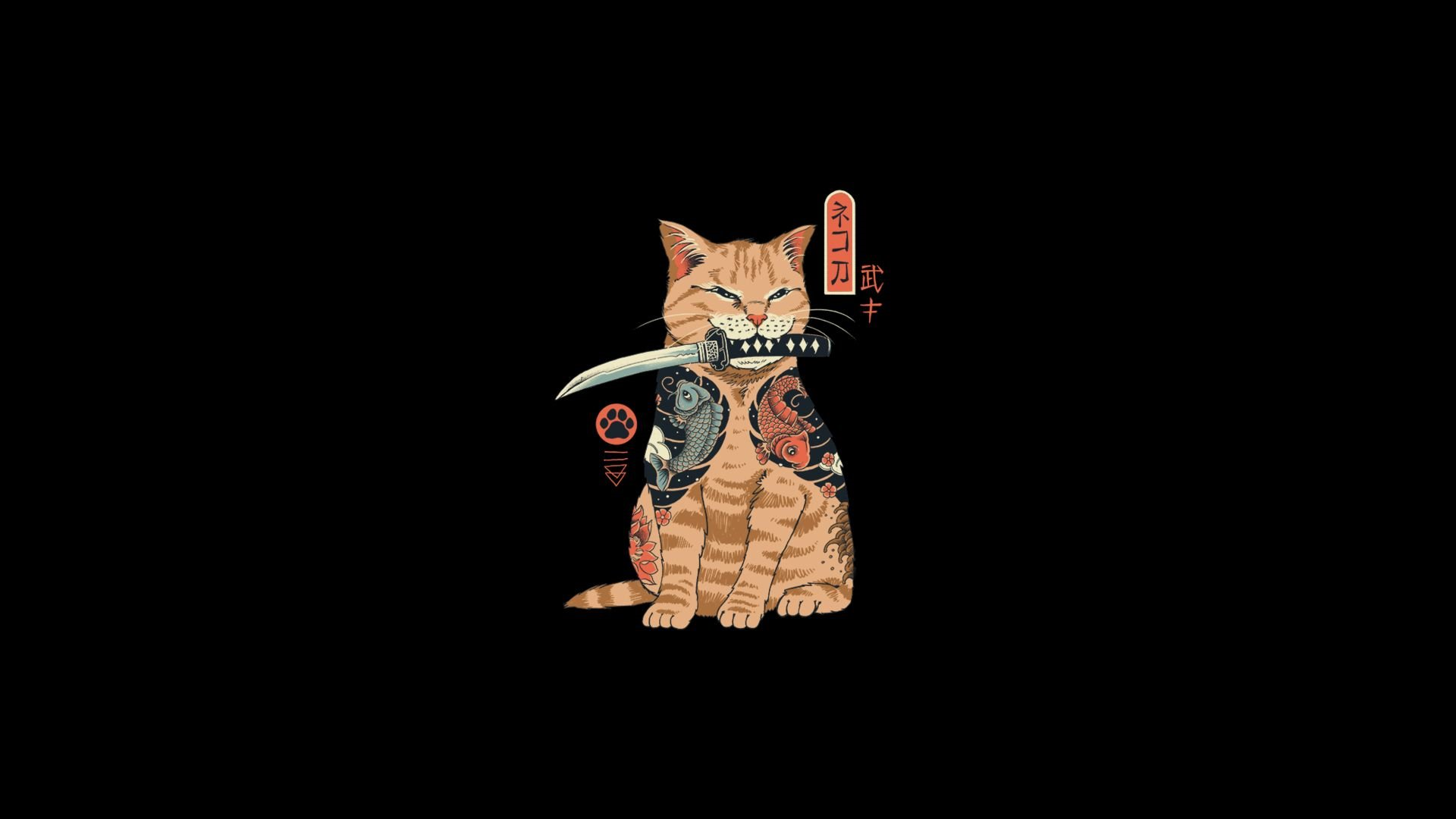 Tattooed Cat Holding a Katana HD Wallpaper