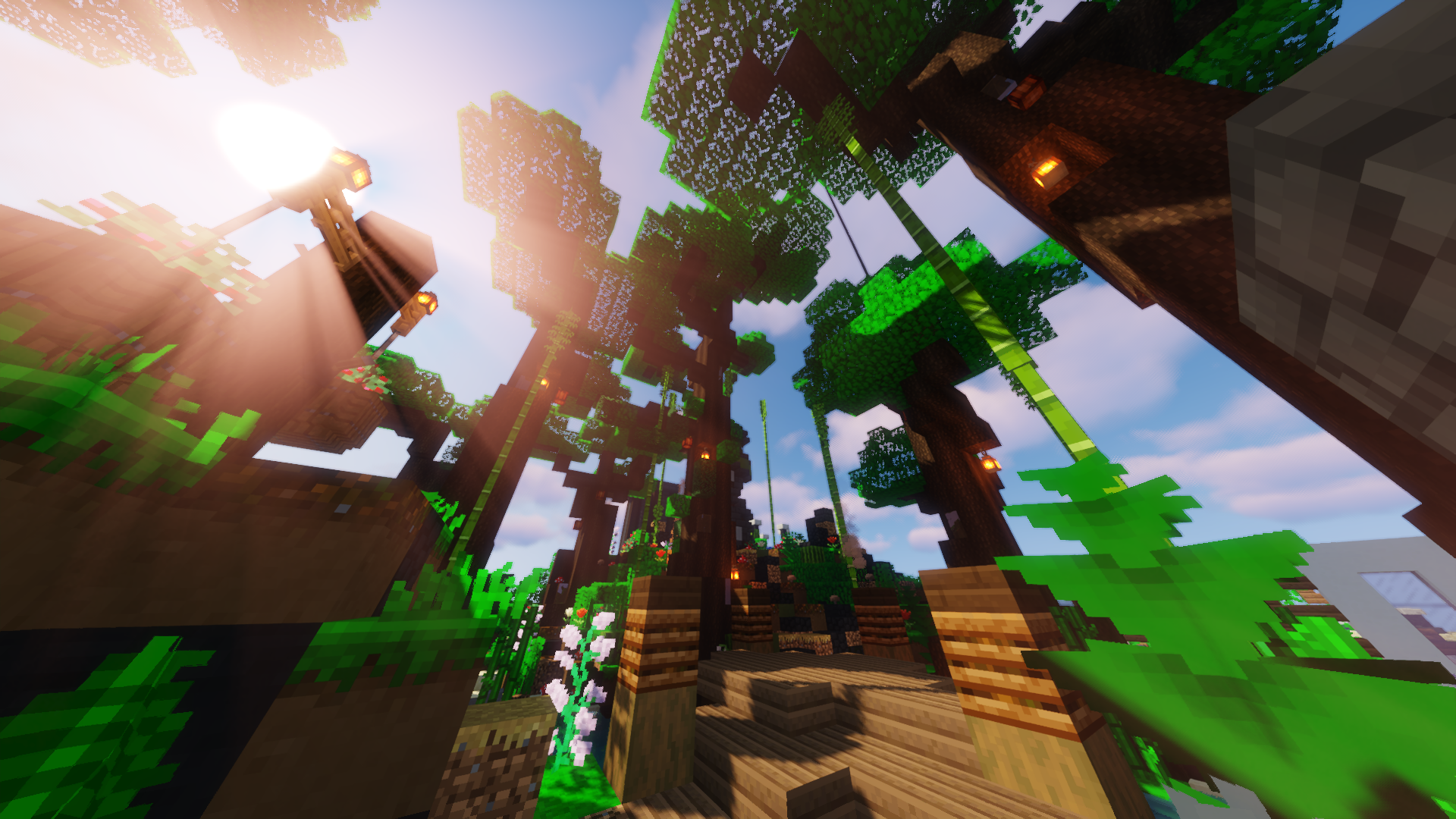 Minecraft jungle with trees and pathways HD Wallpaper