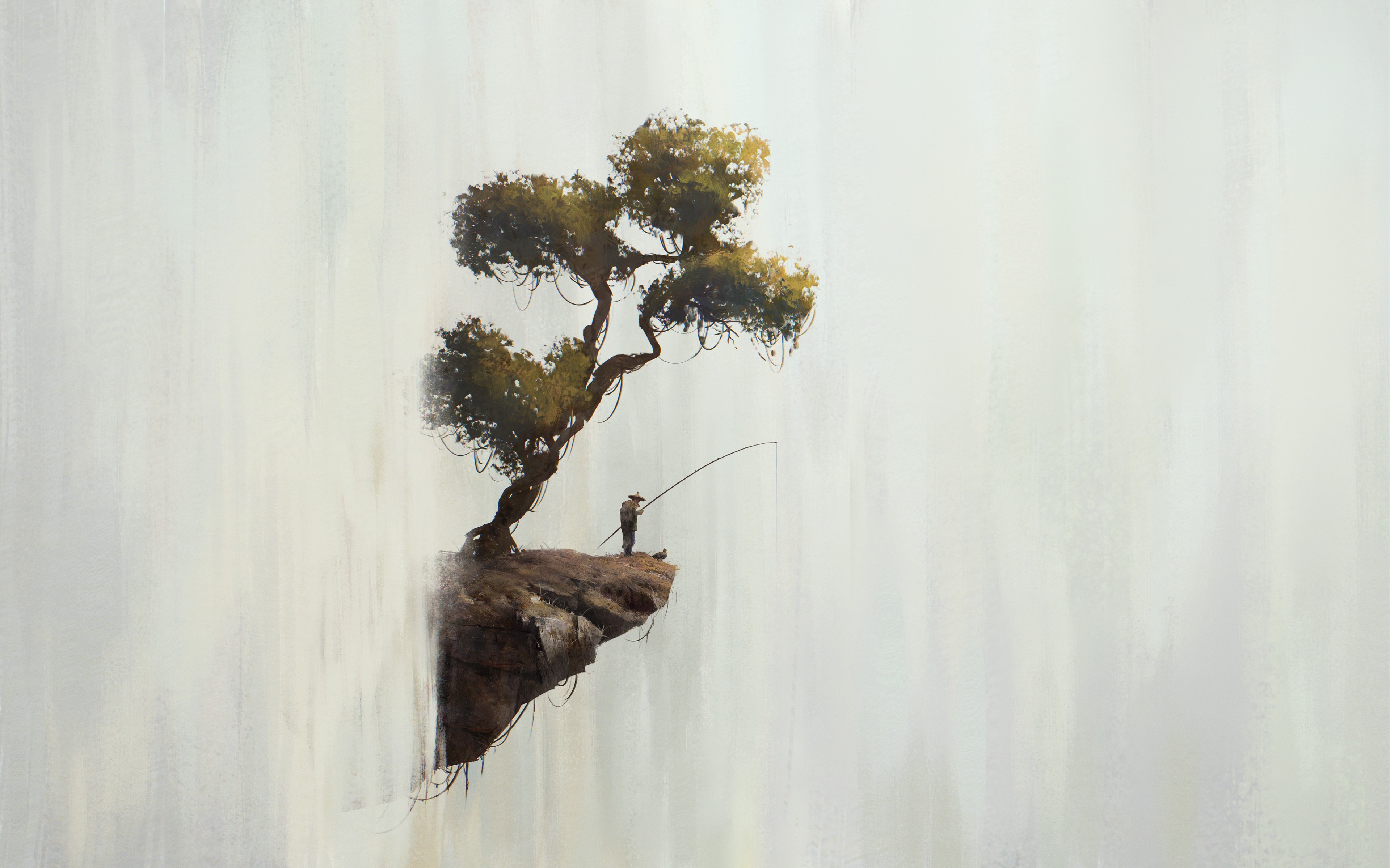 Fisherman on a cliff with a tree HD Wallpaper