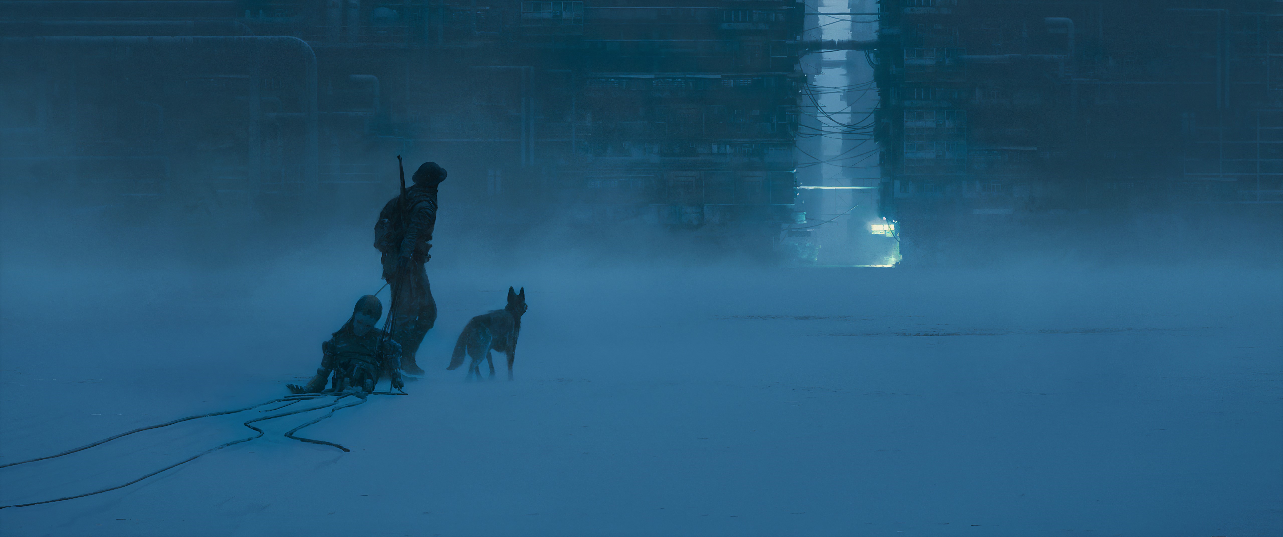 4K Snow Pathway with Hunter, Dog, and Robot HD Wallpaper