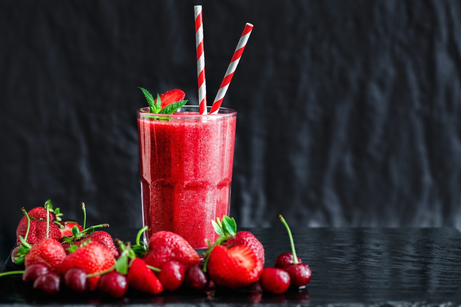 Strawberry and cherry smoothie with fresh fruits HD Wallpaper