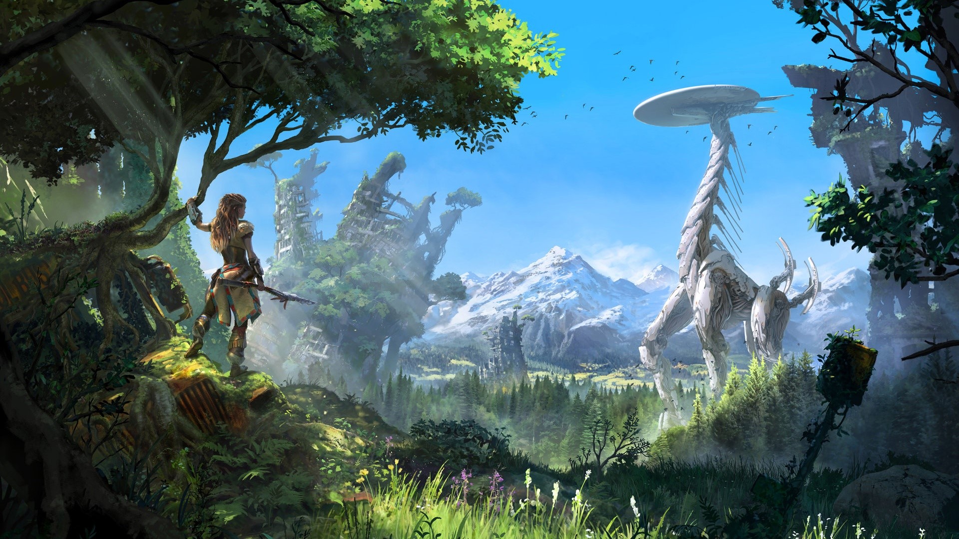 Aloy from Horizon Zero Dawn in a forest with a Tallneck HD Wallpaper