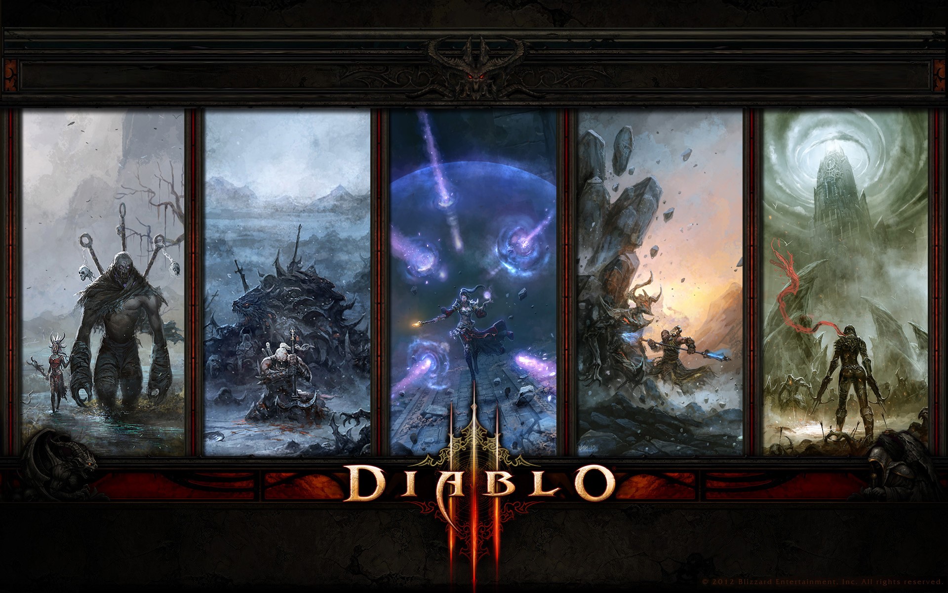 Diablo III collage of fantasy art panels HD Wallpaper