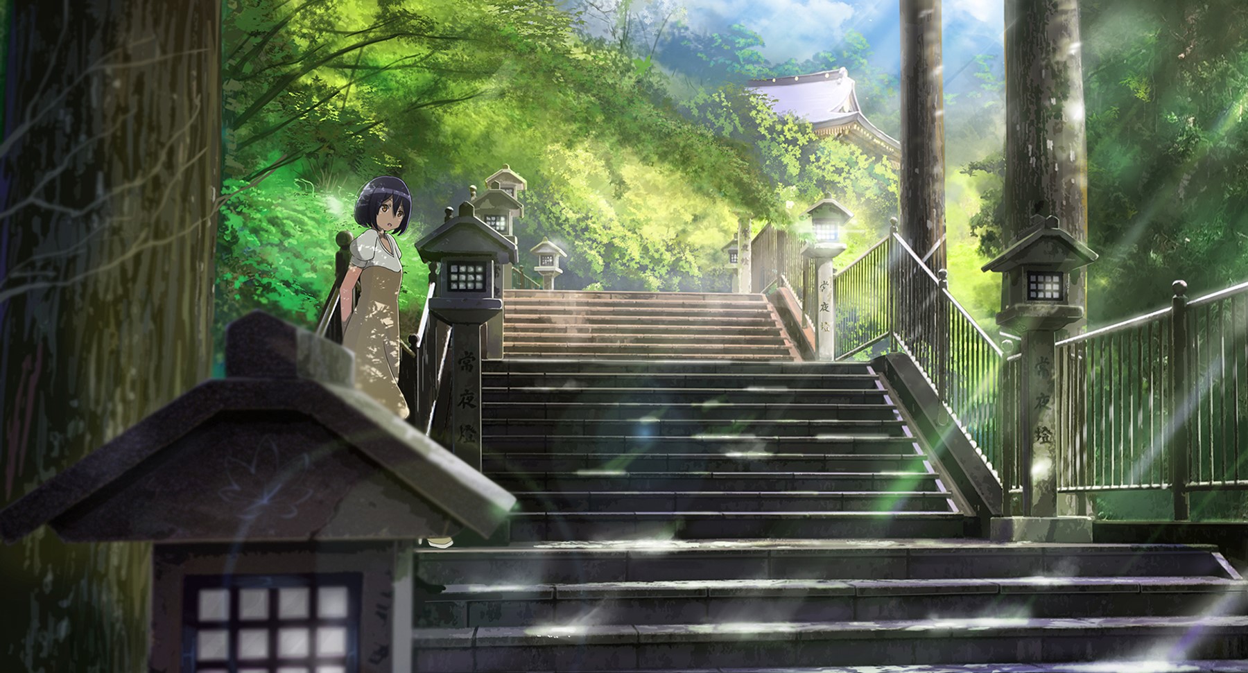 Anime girl on stairs of a Japanese shrine HD Wallpaper