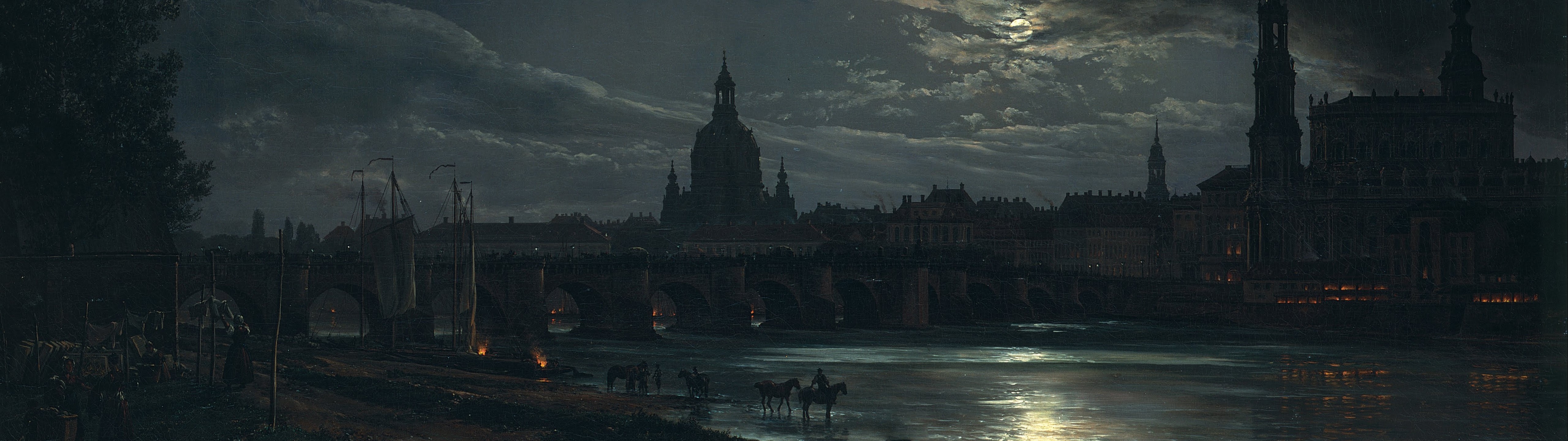 Dresden by Moonlight by Johan Christian Clausen Dahl HD Wallpaper
