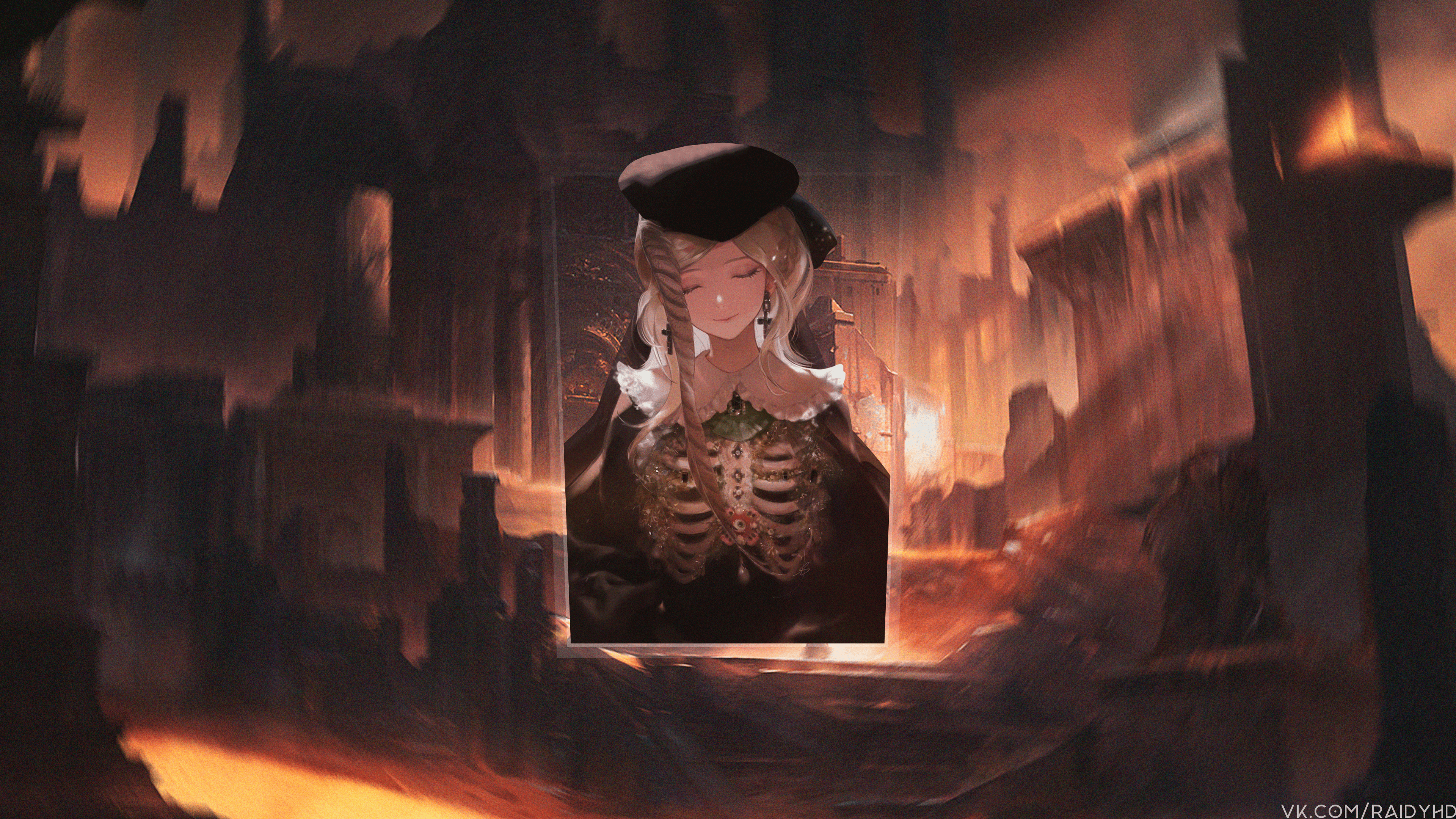 Anime girl with skeleton chestpiece in fiery landscape HD Wallpaper