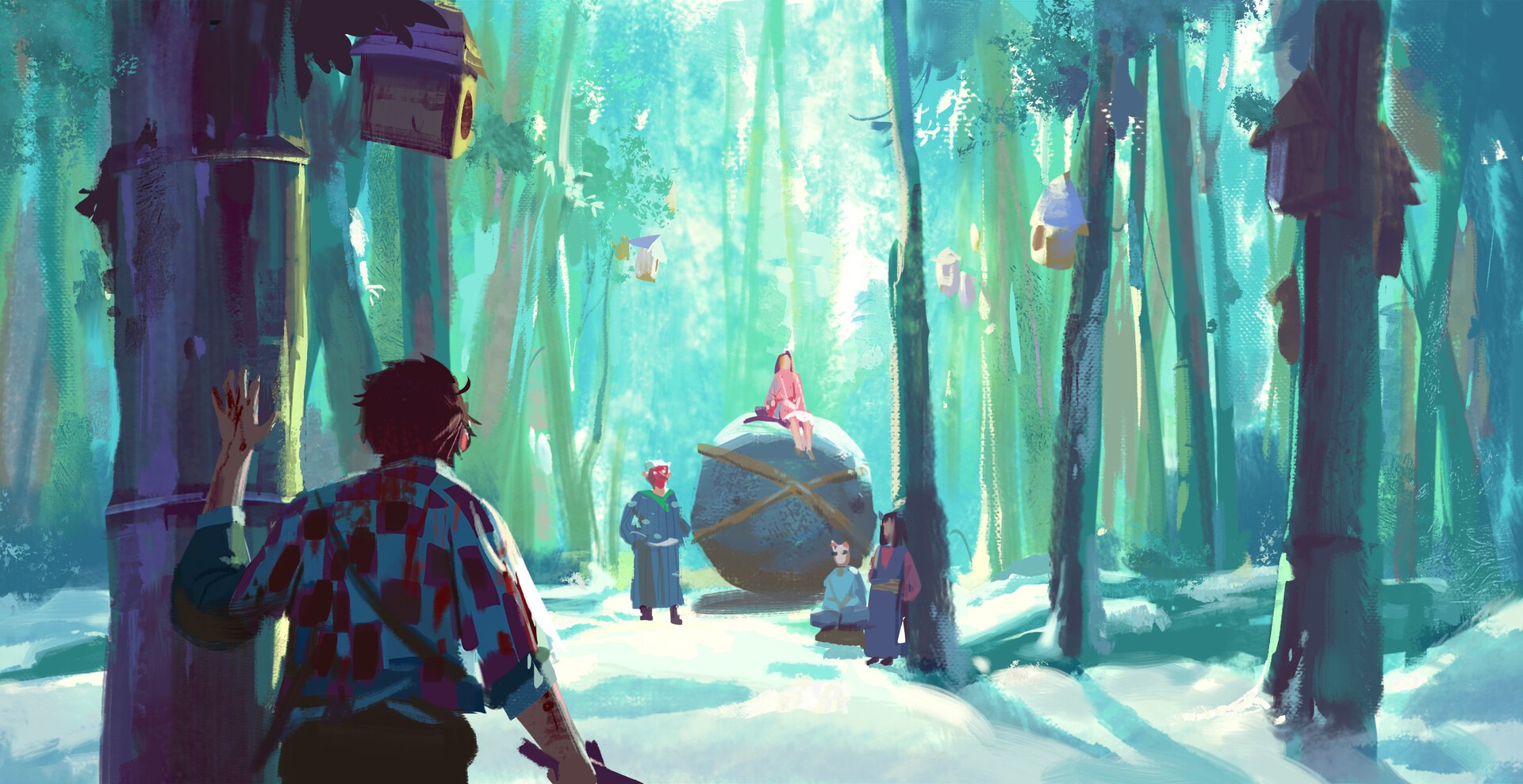 Kamado Tanjirō and companions in a bamboo forest HD Wallpaper
